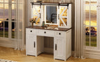 43.3' Farmhouse Makeup Vanity Desk with Lighted Mirror, Vanity Table Set with Charging Station, Dressing Table with Sliding Barn Door Hidden Shelves & 3 Drawers & 4 Cabinets, Beige - Grand Goldman Shop