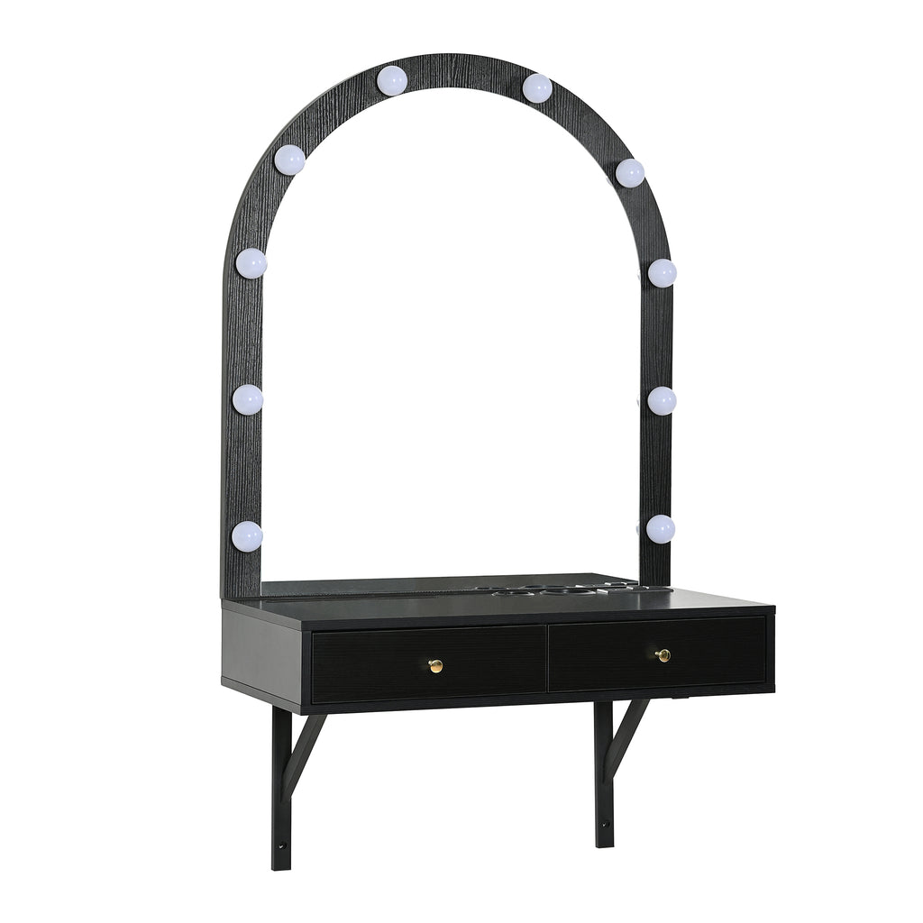 Floating Wall Mounted Makeup Vanity Desk with LED Mirror 3 Color Lights, Compact Dressing Table with Power Outlet & USB Charging, Space Saving Large Storage Vanity for Bedroom Bathroom, Black - Grand Goldman Shop