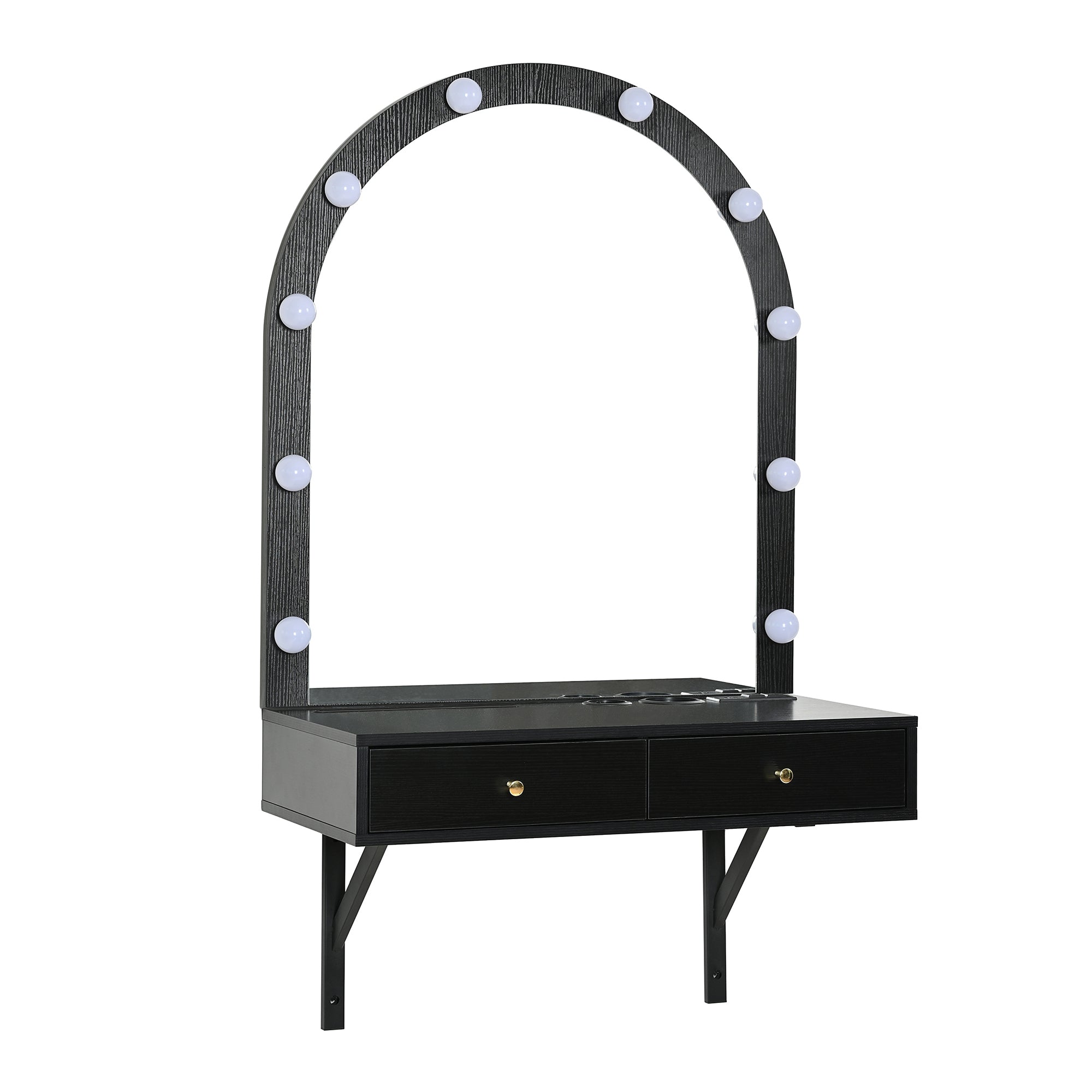 Floating Wall Mounted Makeup Vanity Desk with LED Mirror 3 Color Lights, Compact Dressing Table with Power Outlet & USB Charging, Space Saving Large Storage Vanity for Bedroom Bathroom, Black - Grand Goldman Shop