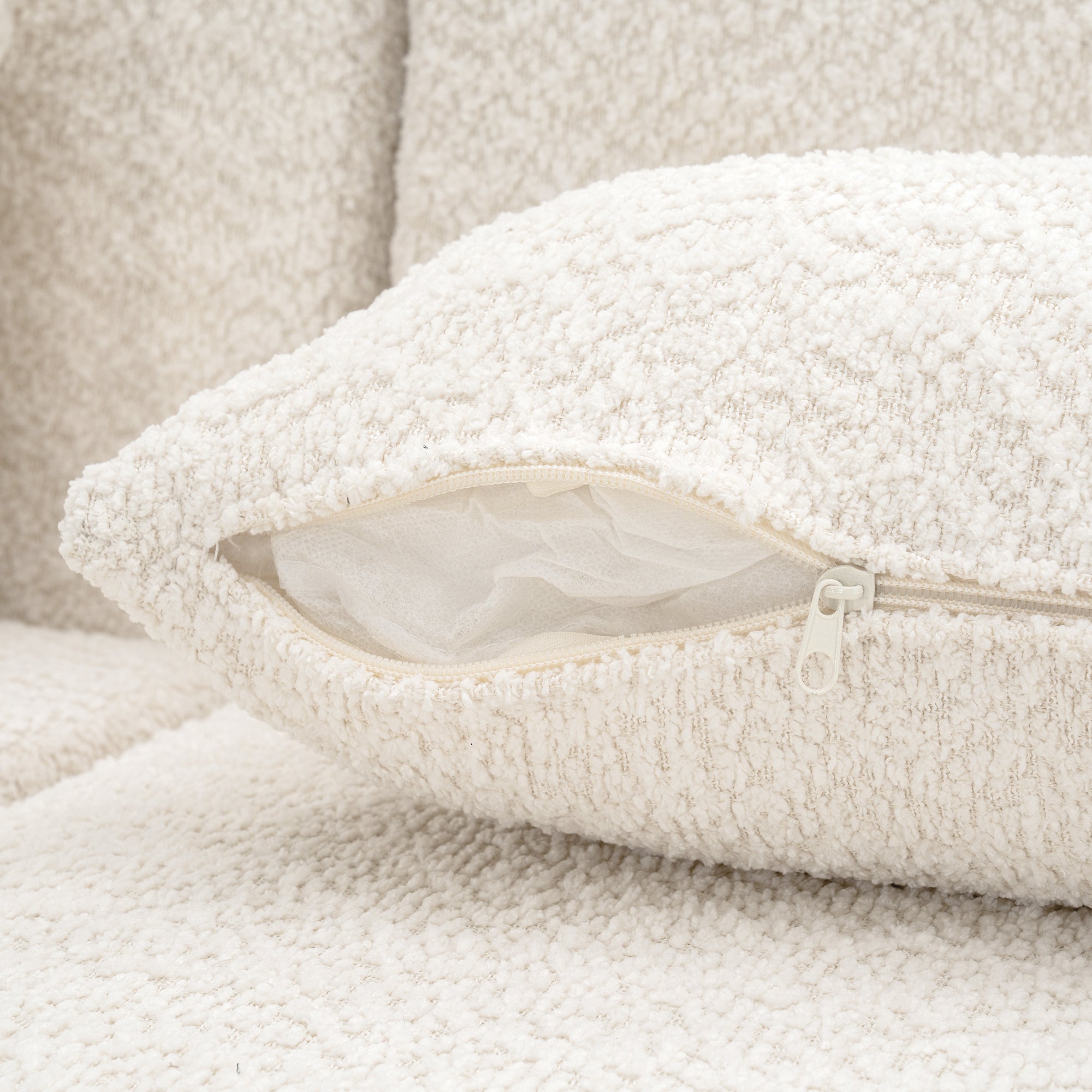 Modern Upholstered L-Shape Sofa with Chaise Lounge and Back Pillows, Beige Boucle Fabric, 144 inches - Grand Goldman Shop