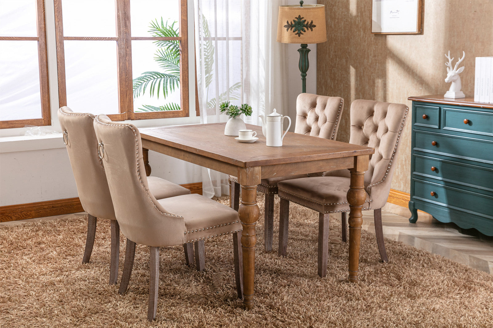 Nikki Collection Modern, High-end Tufted Solid Wood Contemporary Velvet Upholstered Dining Chair with Wood Legs Nailhead Trim 2-Pcs Set, Khaki, SW2001KK - Grand Goldman Shop