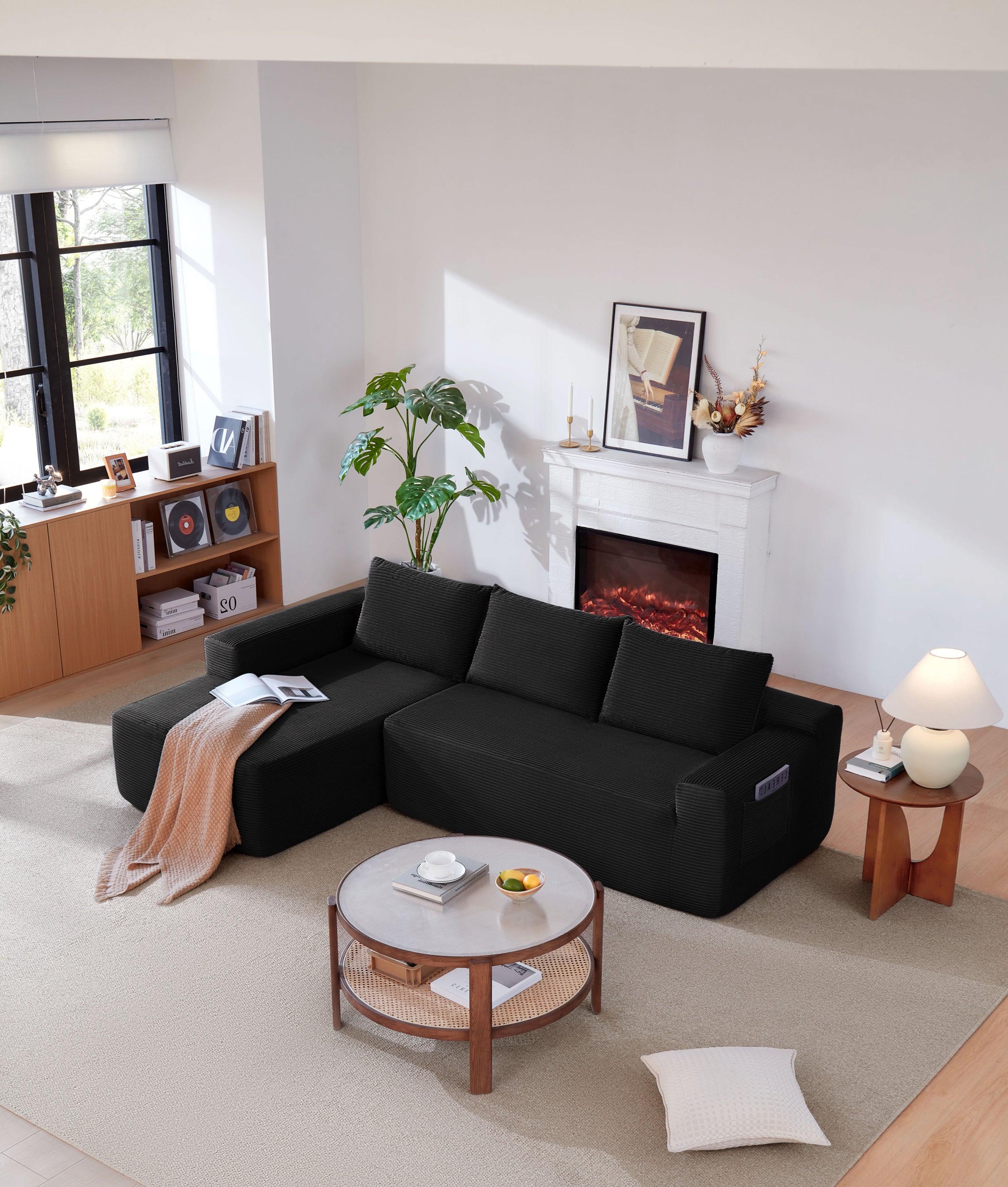 96.9' Cloud Sectional Couch with L-Shape Chaise,Modern Modular Sofa with Deep Seat, Upholstered Couches for Living Room Bedroom,No Assembly Required, (Corduroy Fabric),Black - Grand Goldman Shop