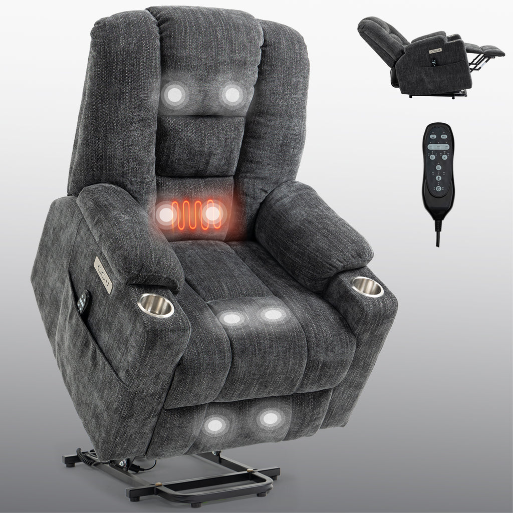 EMON'S Large Power Lift Recliner Chair with Massage and Heat for Elderly, Overstuffed Wide Recliners, Heavy Duty Motion Mechanism with USB and Type C Ports, 2 Steel Cup Holders, Gray - Grand Goldman Shop