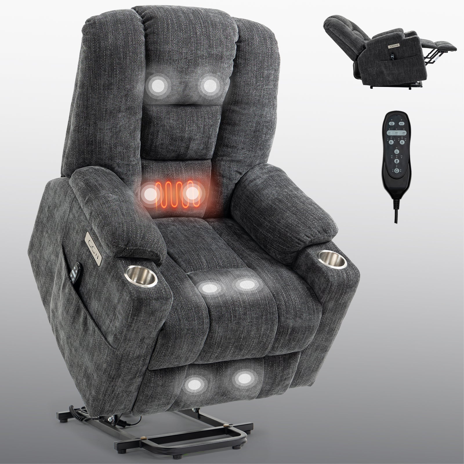 EMON'S Large Power Lift Recliner Chair with Massage and Heat for Elderly, Overstuffed Wide Recliners, Heavy Duty Motion Mechanism with USB and Type C Ports, 2 Steel Cup Holders, Gray - Grand Goldman Shop