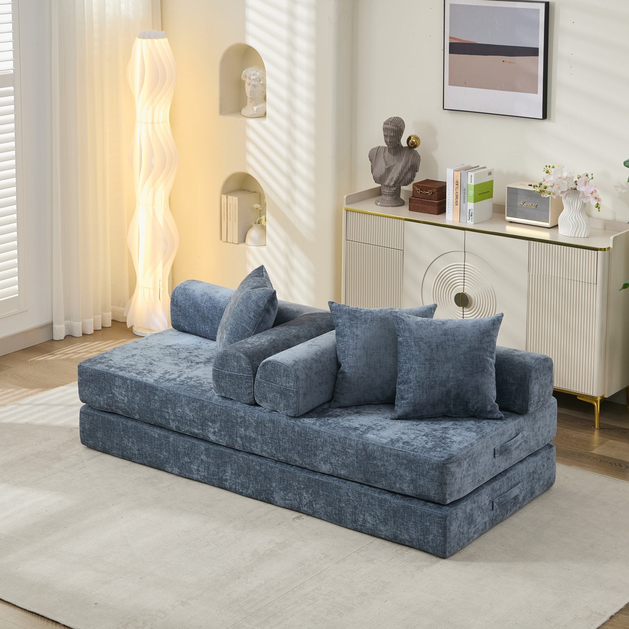 Comfy Convertible Folding Mattress Couch, Floor Sofa Bed, Chenille Floor Sofa with Armrest, Floor Sofa Lounge Couch for Living Room Bedroom Lounge Studio-Blue - Grand Goldman Shop