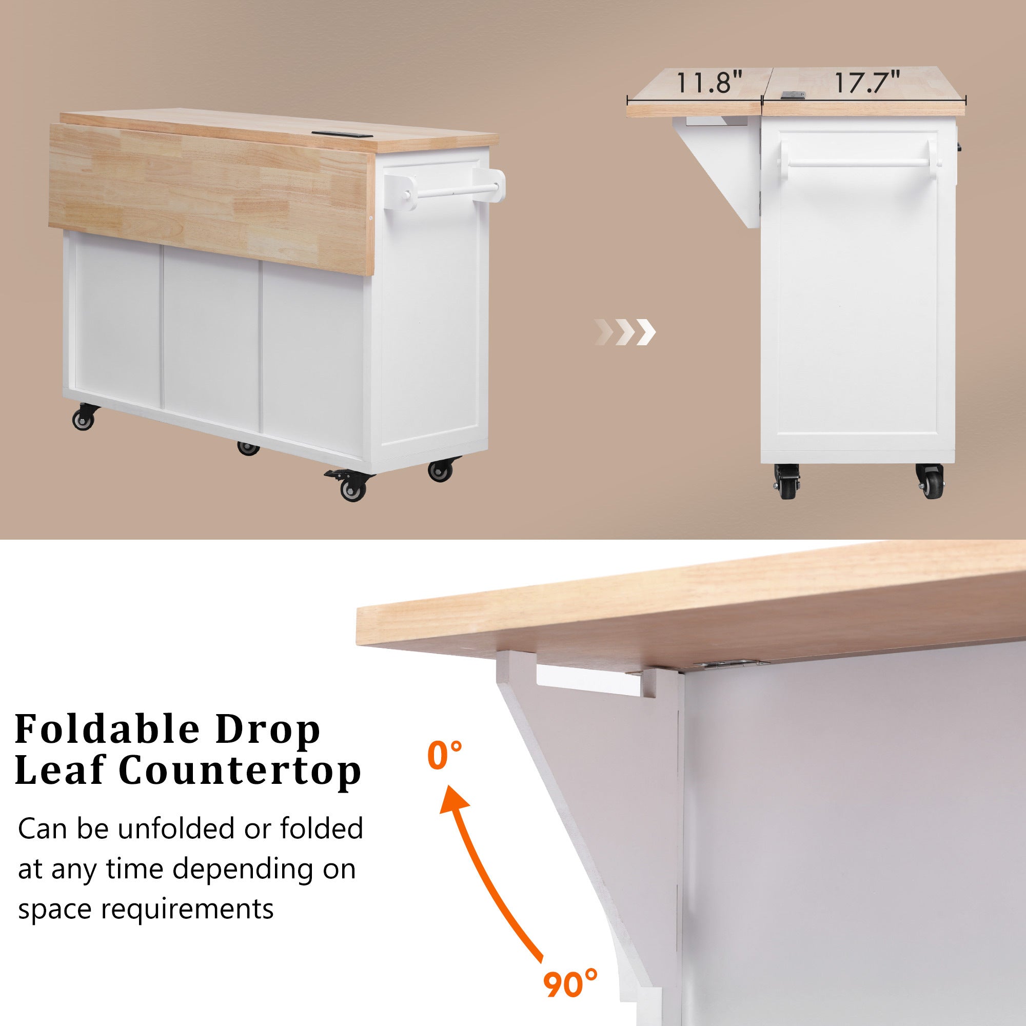 K&K 56.5'' Kitchen Island with Drop Leaf, Power Outlet, Embossed Vertical Stripe Rolling Kitchen Cart on Wheels with 4 Doors , 5 Deep Drawers and Adjustable Shelves, for Kitchen, Dining Room, White - Grand Goldman Shop