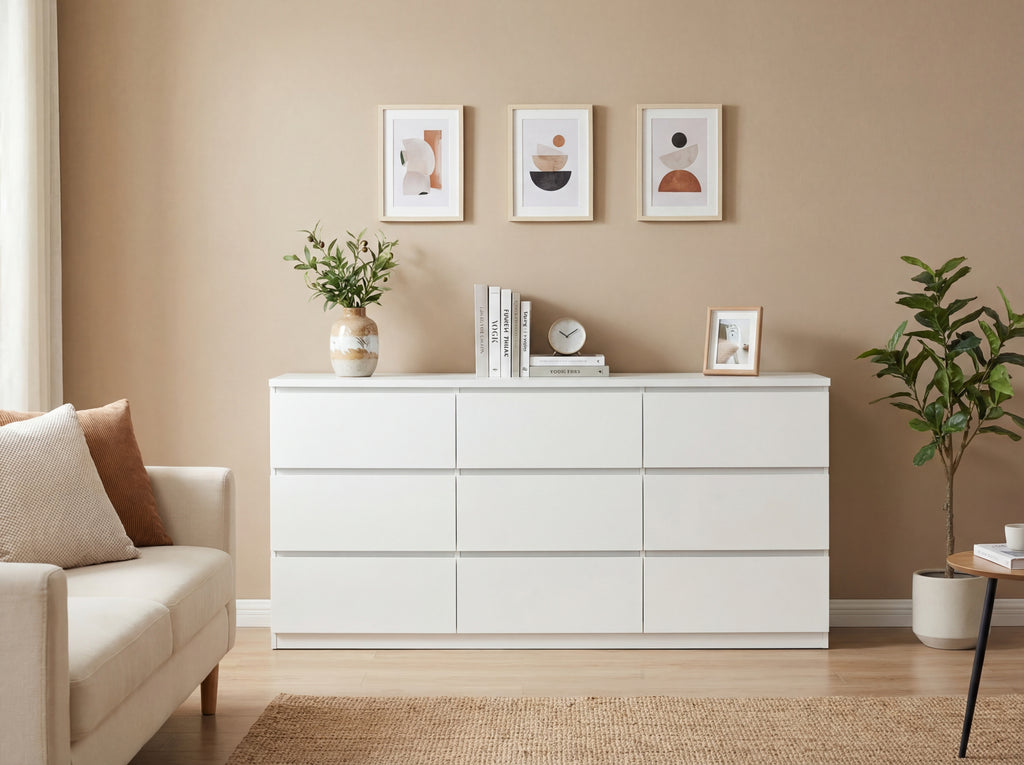 9 Drawer Dresser with No Handle Design, Modern White Matte Wood Dresser for Bedroom, Storage Chest of Drawers for Living Room, Hallway, Entryway - Grand Goldman Shop