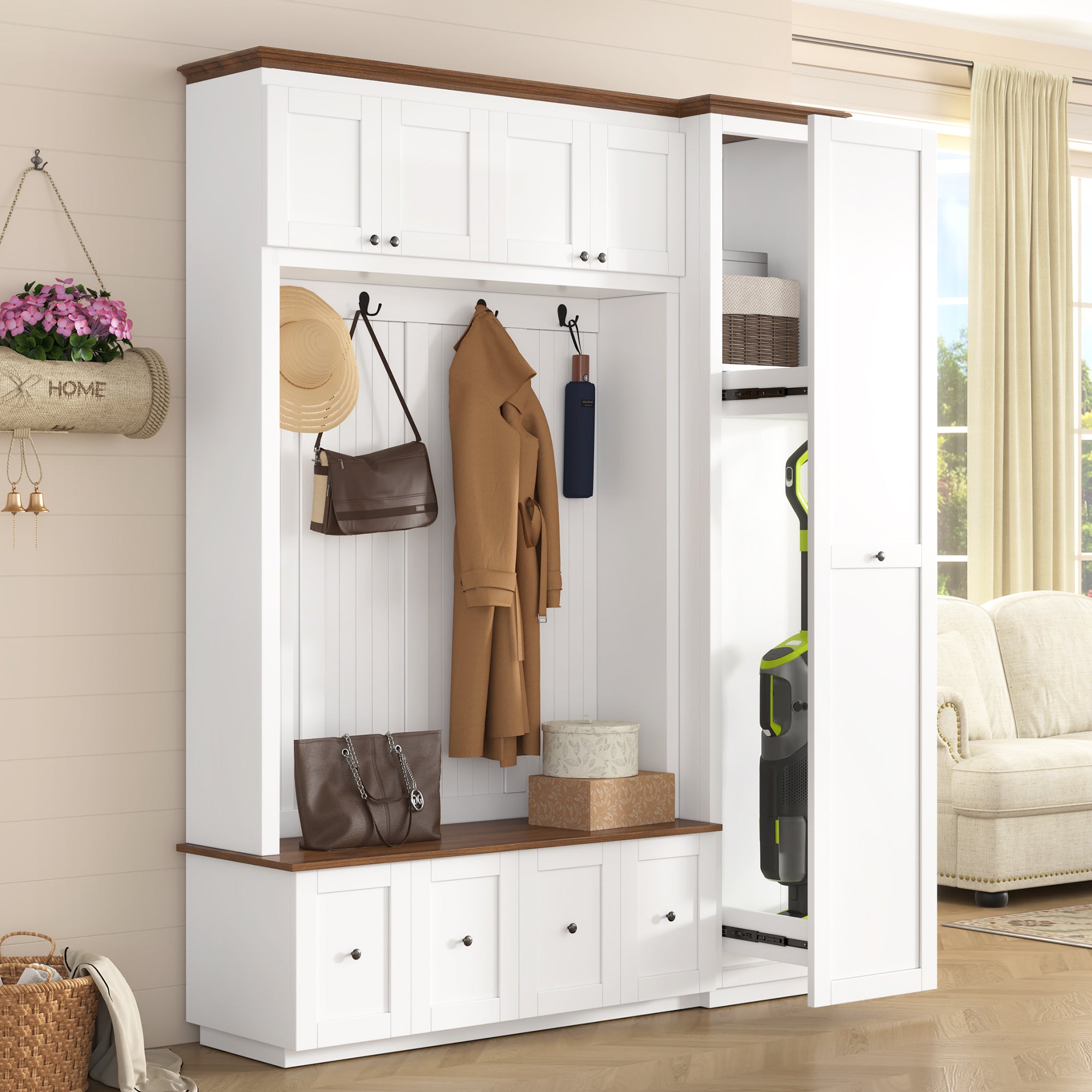 78.7''H Entryway Hall Tree with Storage Bench, 5-in-1 Hall Tree Farmhouse Coat Rack Shoe Bench with Cabinets, Drawers & Hooks for Hallway, Entryway, Living Room, Mudroom - Grand Goldman Shop