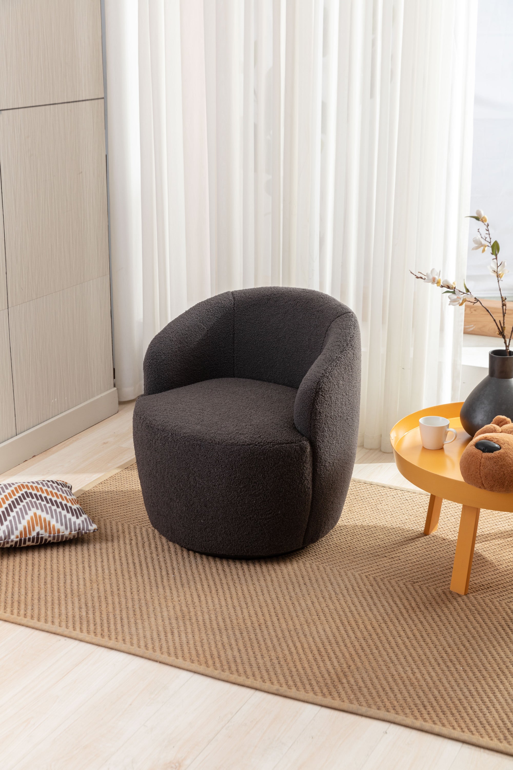 Teddy Fabric Swivel Accent Armchair Barrel Chair With Black Powder Coating Metal Ring,Dark Gray - Grand Goldman Shop