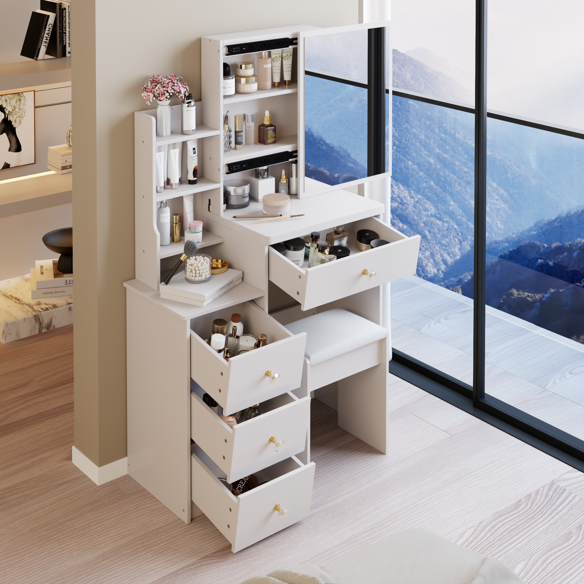 29.2' Small Space Left Bedside Cabinet Vanity Table + Cushioned Stool, Extra Large Right sliding mirror, Multi Layer High Capacity Storage, Practical Fashionable Dresser, EPA, GCC, UL Certificate - Grand Goldman Shop