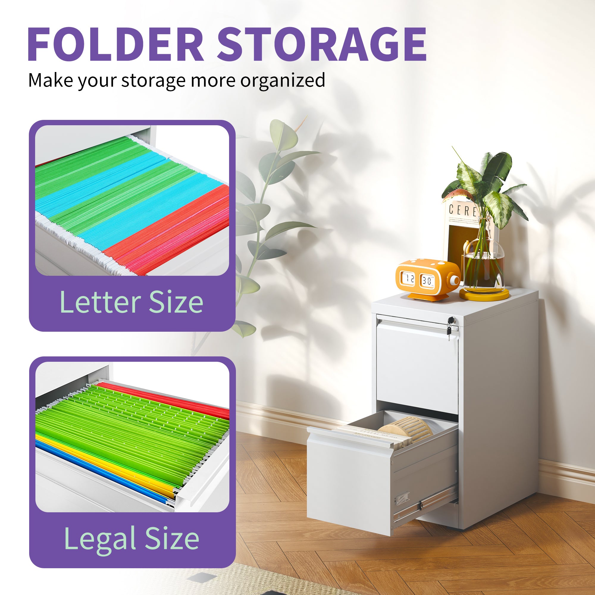 Steel 2 Drawer Vertical File Cabinet with Lock for A4 Legal/Letter Size in White - Grand Goldman