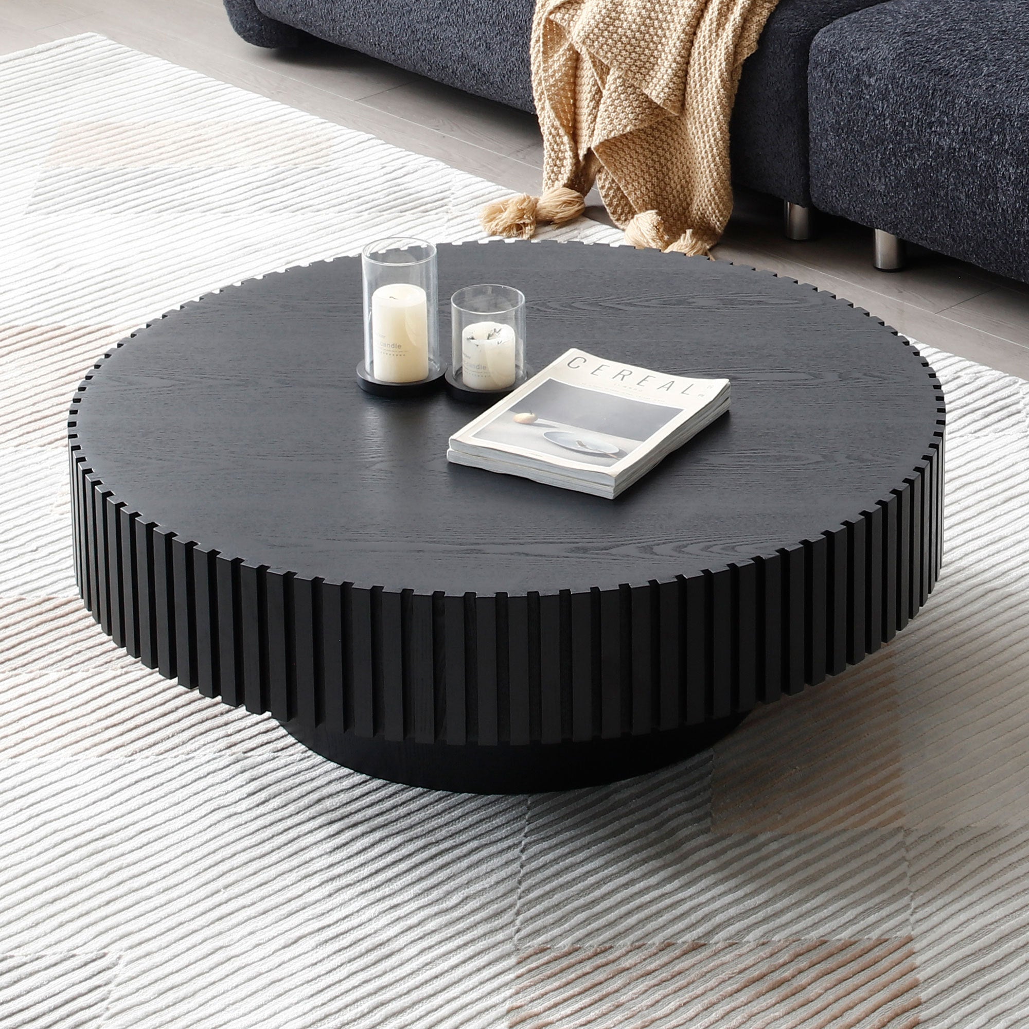 31.49'' Nesting Round Wood Coffee table for Apartment, Modern Living Room Coffee Table with Sturdy Pedestal ,BLACK (Same Sku:W876P243950) - Grand Goldman Shop