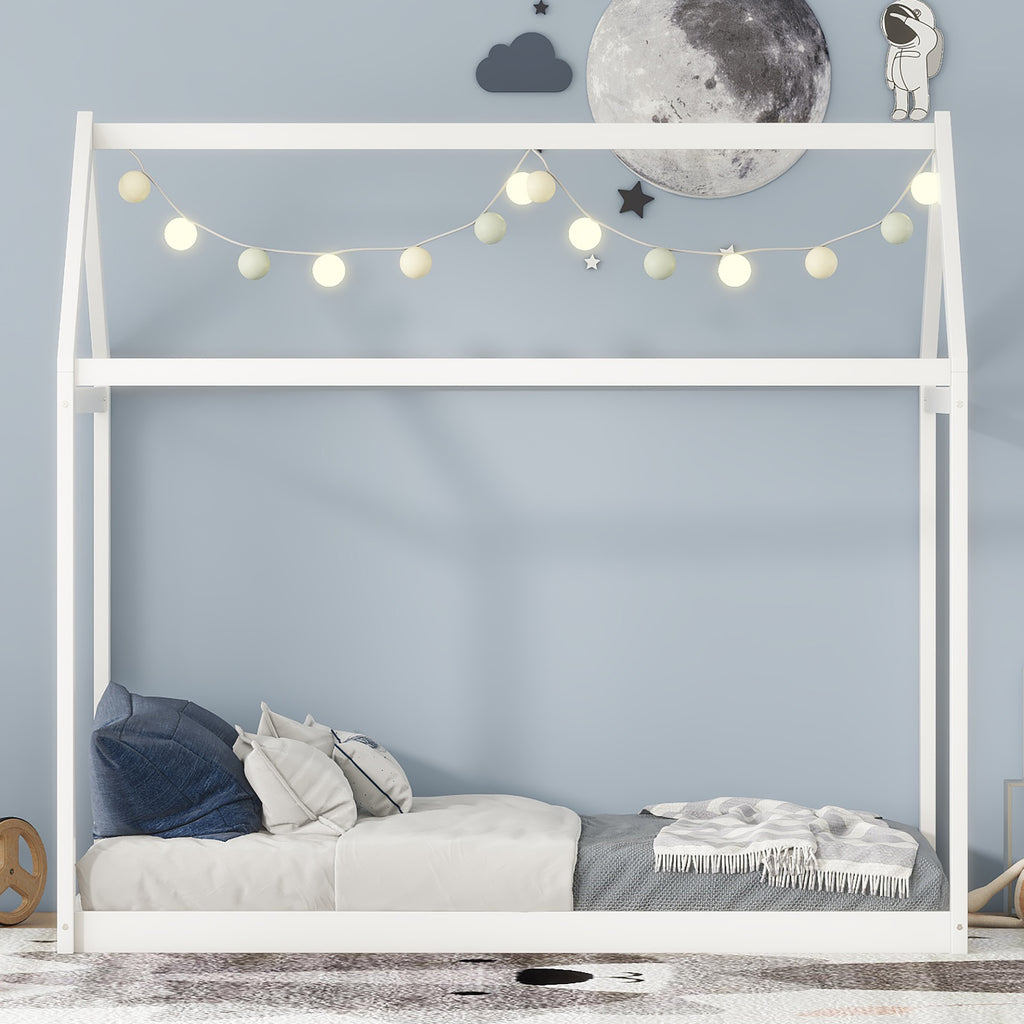 Twin Size Wooden House Bed in White with Pine Wood and MDF Construction, 78.3''L x 42.5''W x 70.3''H - Grand Goldman Shop