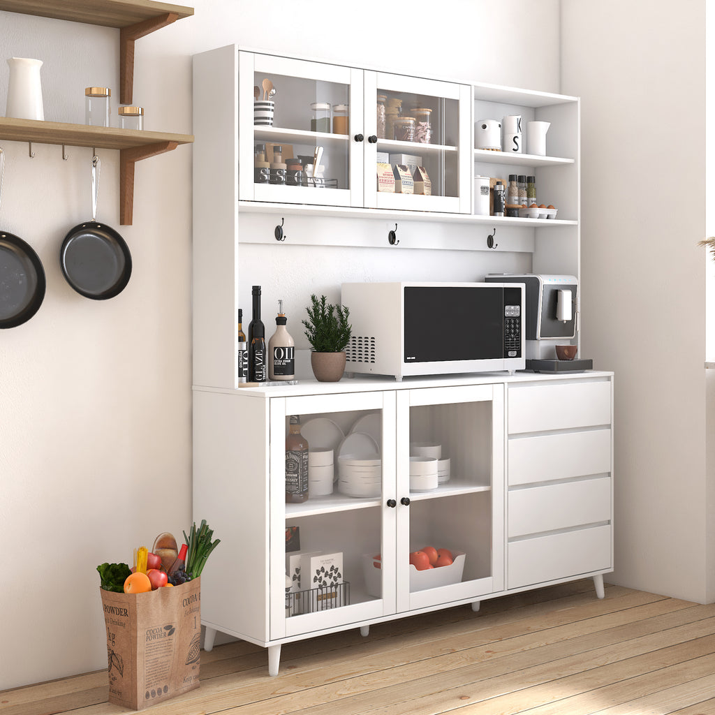 63' W Large Kitchen Hutch Cabinet, Freestanding Pantry Cabinets Storage Kitchen Cupboard with 4 Doors, 4 Drawers & Microwave Shelf, White - Grand Goldman Shop