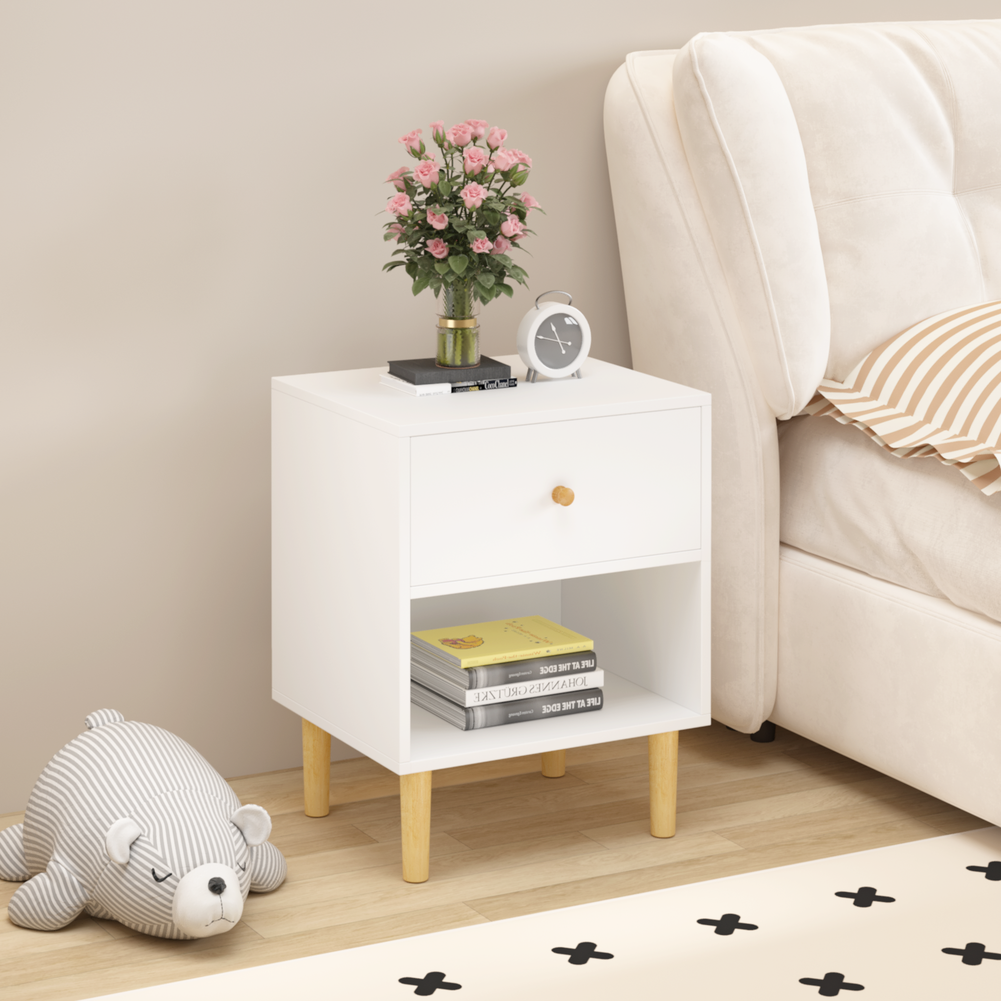 23.22''H White MDF Wooden Nightstand with One Drawer and One Shelf for Kids and Adults - Grand Goldman Shop