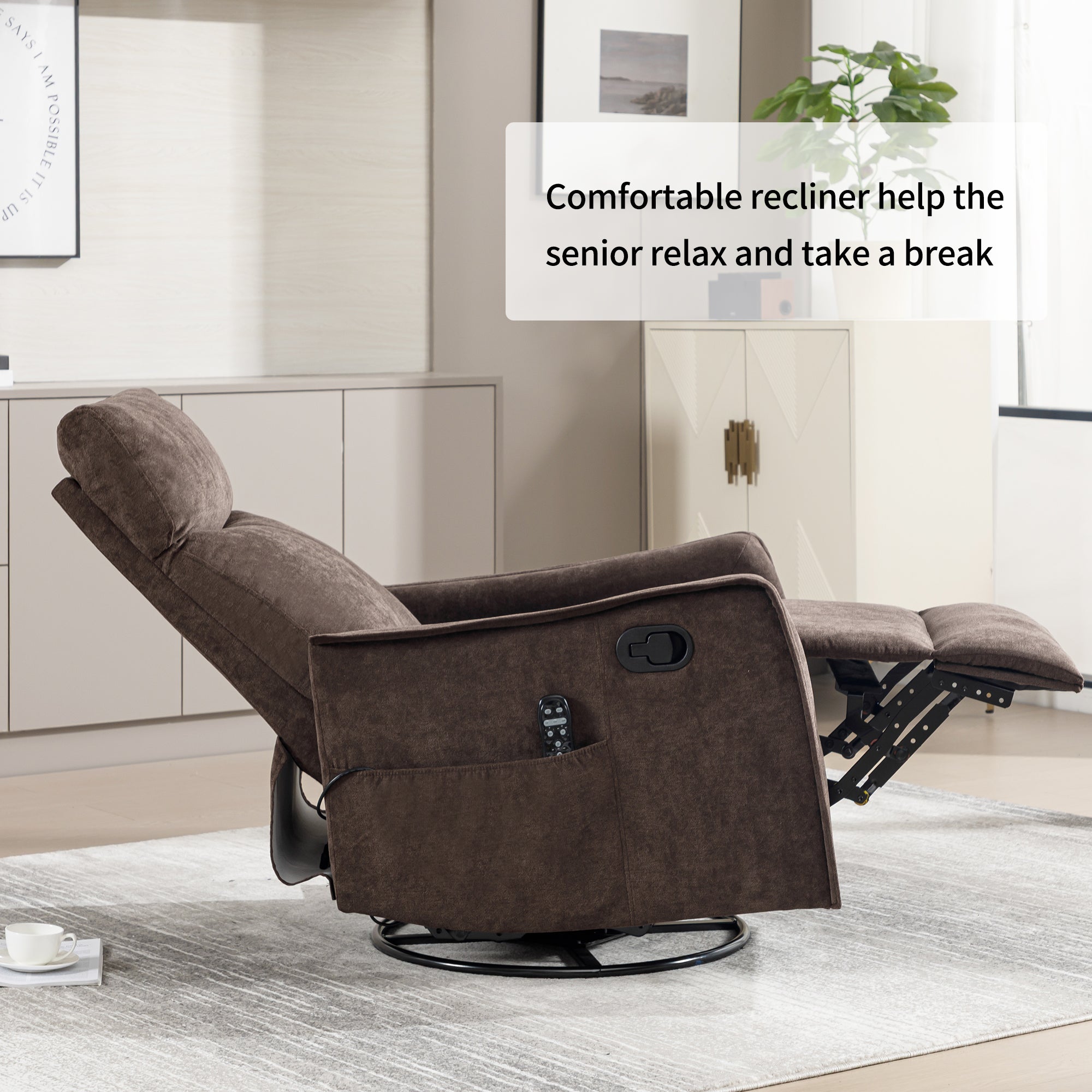 Heat Massage Manual Recliner Chair with Rocker and Swivel in Fabric for Living Room, Brown - Grand Goldman Shop