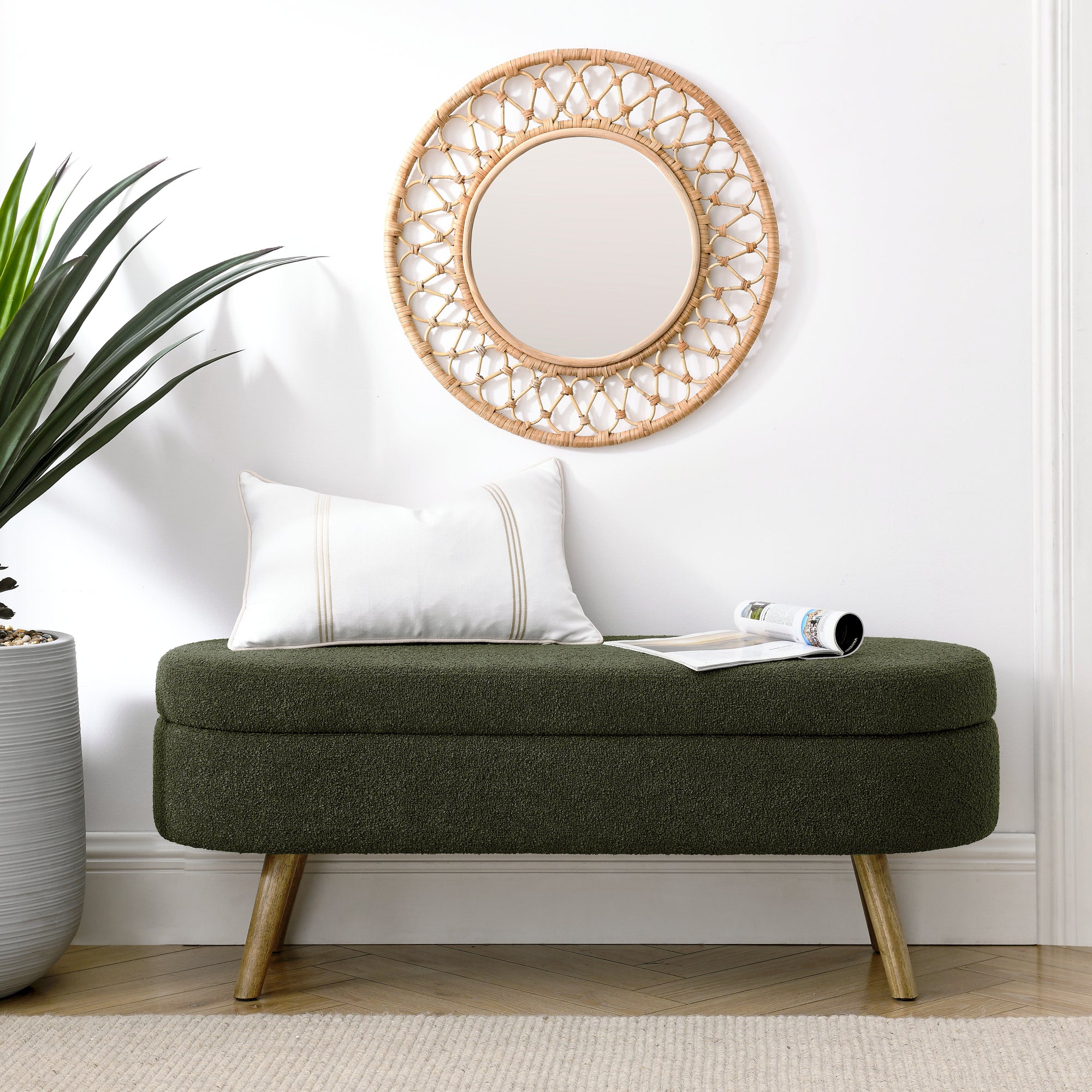 Elegant Ottoman Oval Storage Bench with Rubber Wood Legs in Green, Foam Upholstery, 43.5'x16'x16' - Grand Goldman Shop