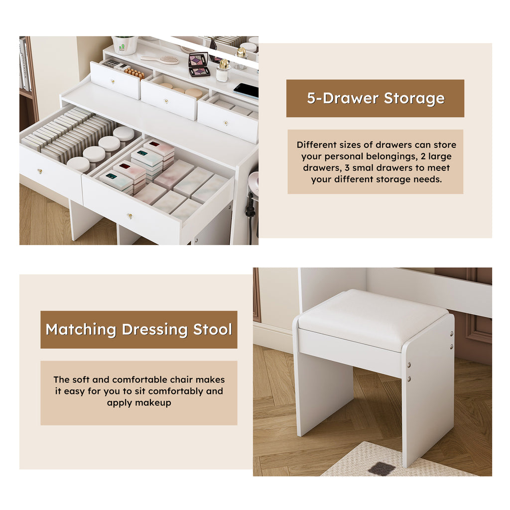 Modern White Vanity Desk with Large Mirror, Power Outlet & Hair Dryer Holder, Adjustable Lighting, 5 Drawers - Grand Goldman Shop