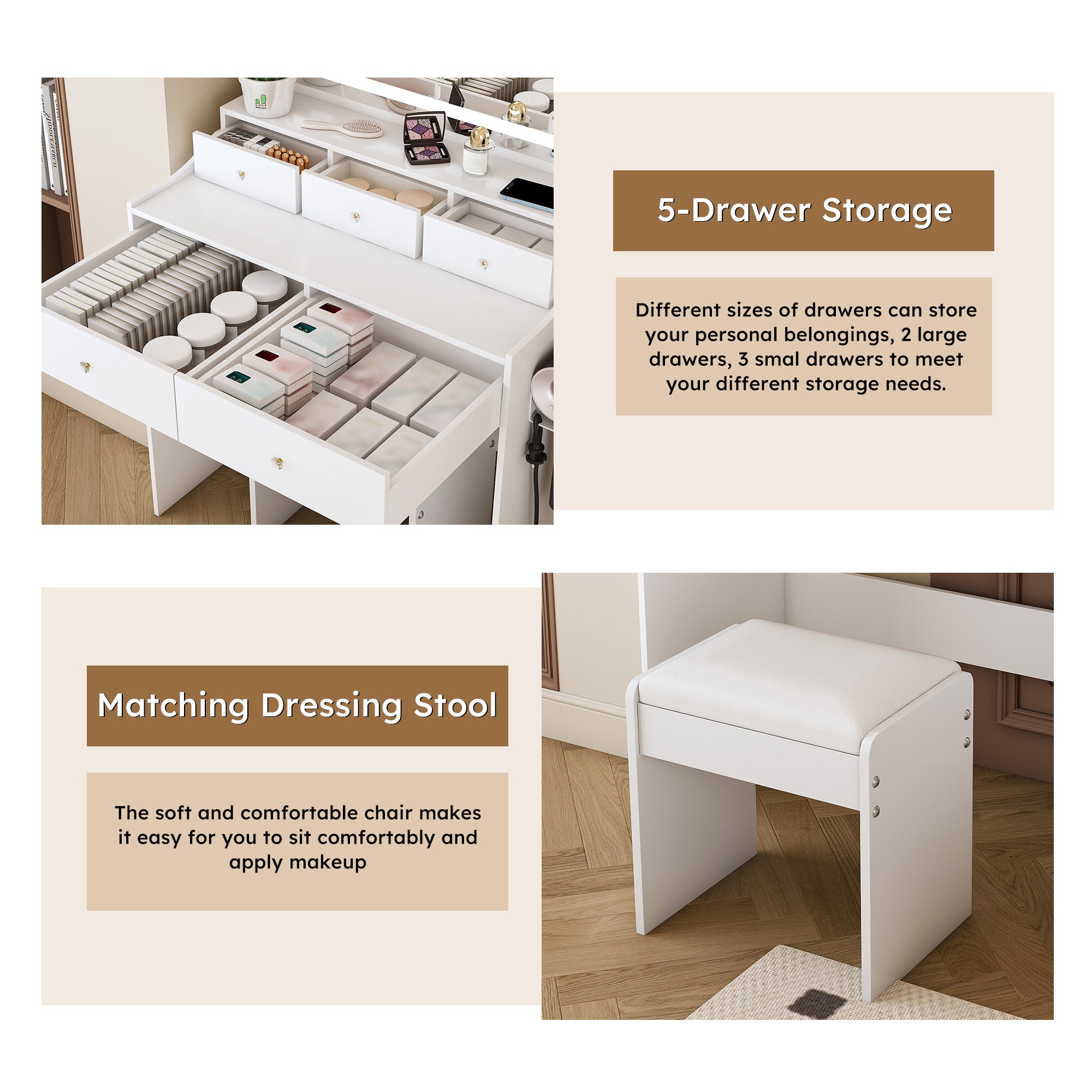 Modern White Vanity Desk with Large Mirror, Power Outlet & Hair Dryer Holder, Adjustable Lighting, 5 Drawers - Grand Goldman Shop