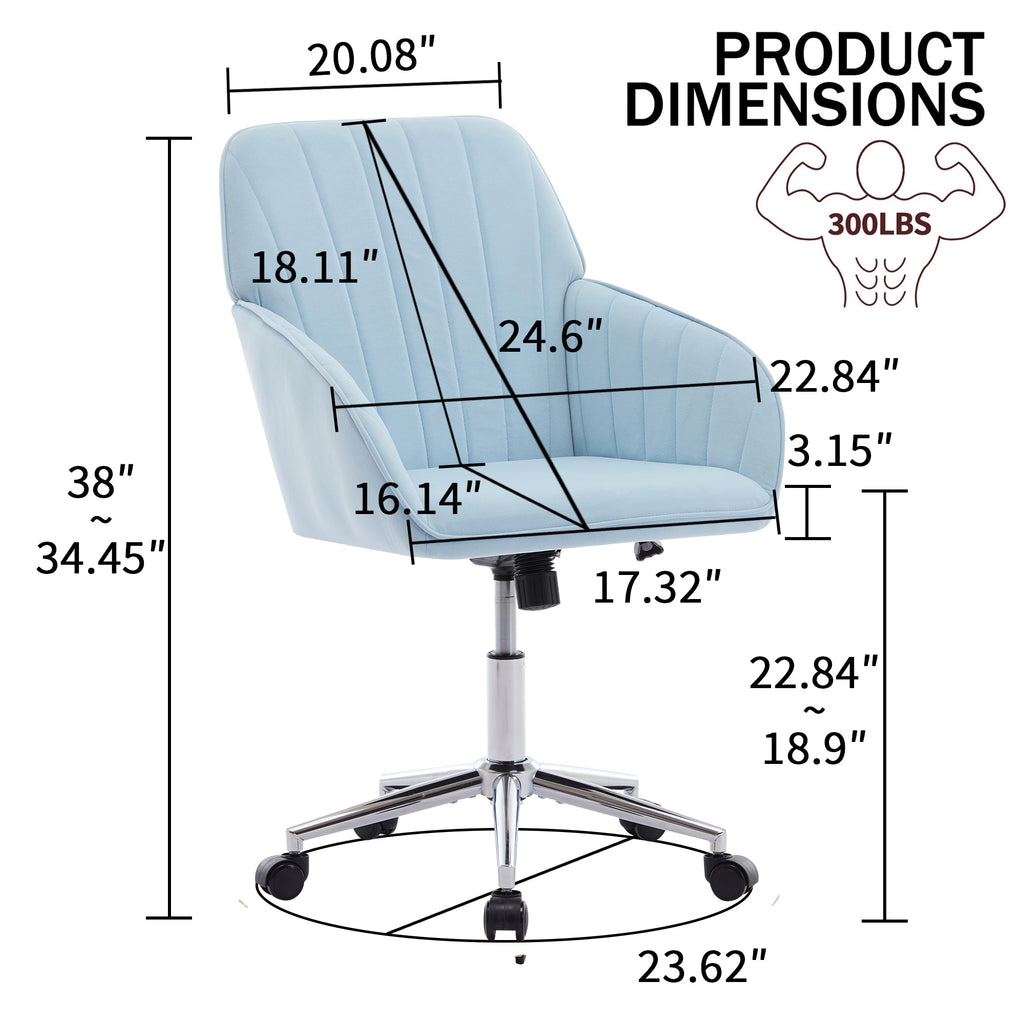 TY Ergonomic Office Chair in Baby Blue Velvet with Adjustable Backrest and Silver Base, Ideal for Home Bedroom and Long Sitti