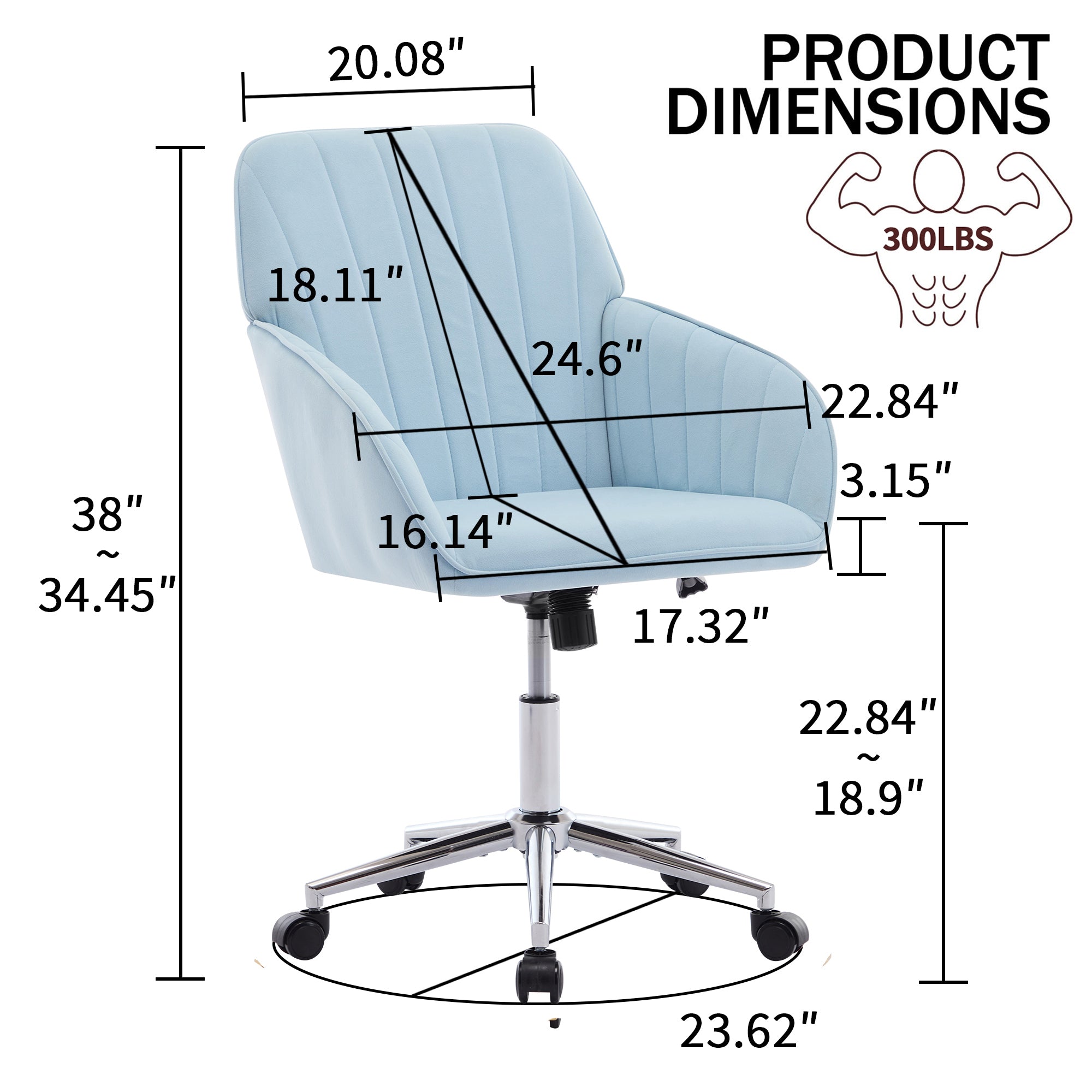 TY Ergonomic Office Chair in Baby Blue Velvet with Adjustable Backrest and Silver Base, Ideal for Home Bedroom and Long Sitti