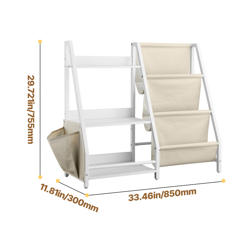 3-Tier Kids Bookshelf, Toy Storage Organizer for Toddler, Book Shelf for Kids Rooms with Sling Book Rack and Storage Bag, Kid