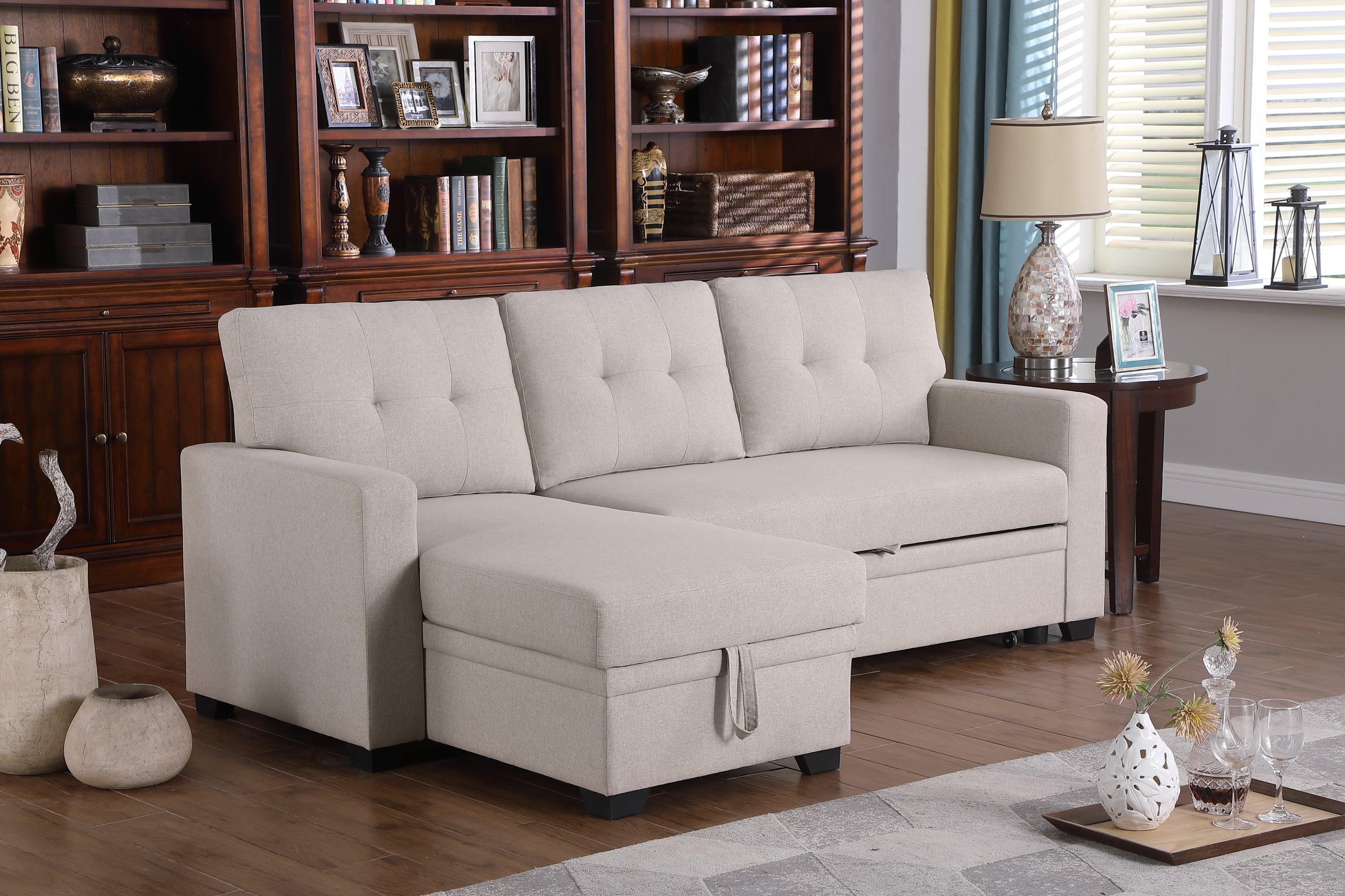 Upholstered Pull out Sectional Sofa with Chaise - Grand Goldman Shop