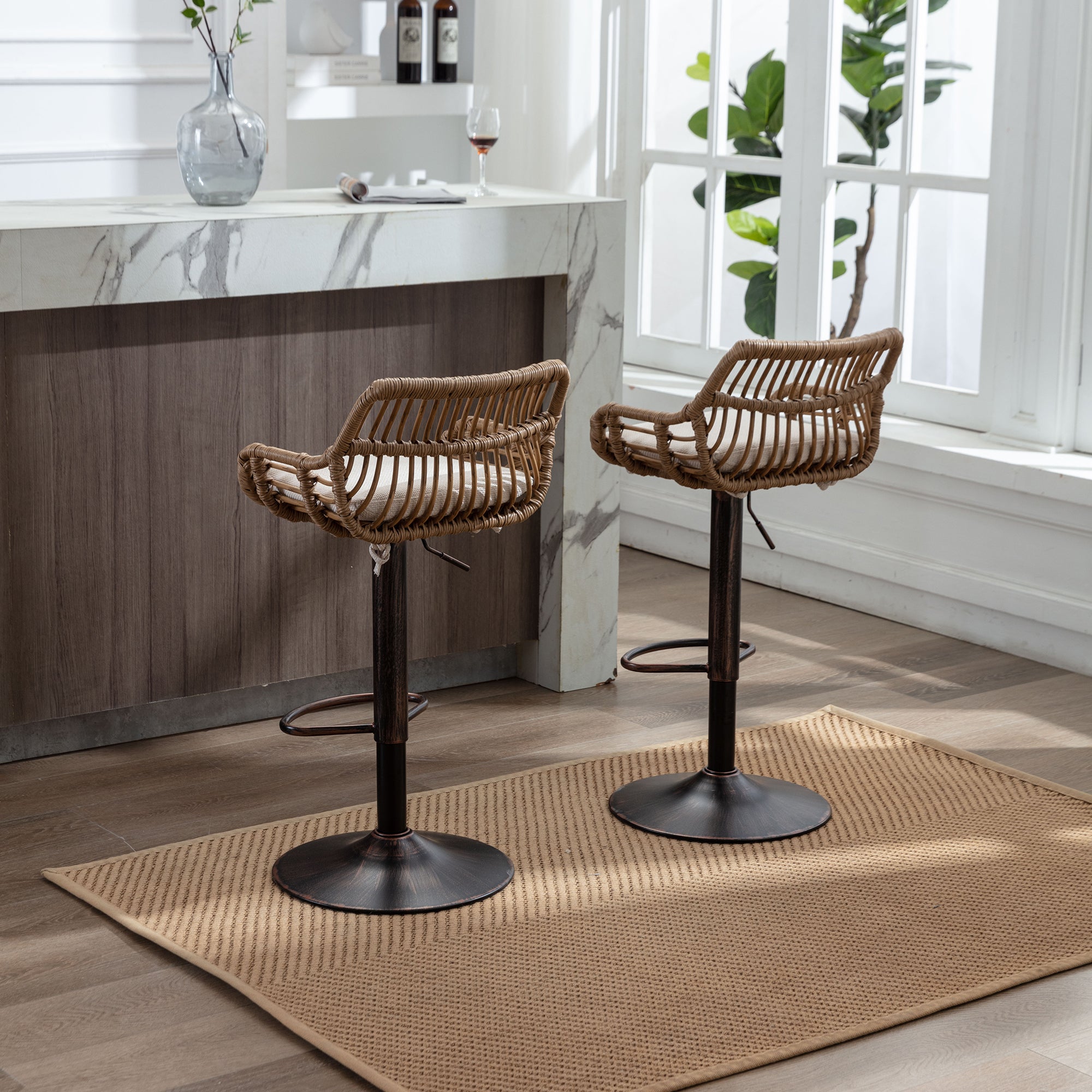 COOLMORE Modern Swivel Bar Stools Set of 2 with Adjustable Counter Height and Footrest in Beige Linen - Grand Goldman Shop