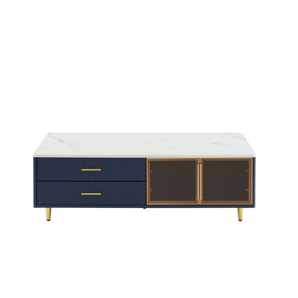 Modern Navy Blue Coffee Table with 2 Glass Door Storage, 4 Drawers, Gold Metal Legs, and Multi-Color Lighting in 47.2'' - Grand Goldman Shop