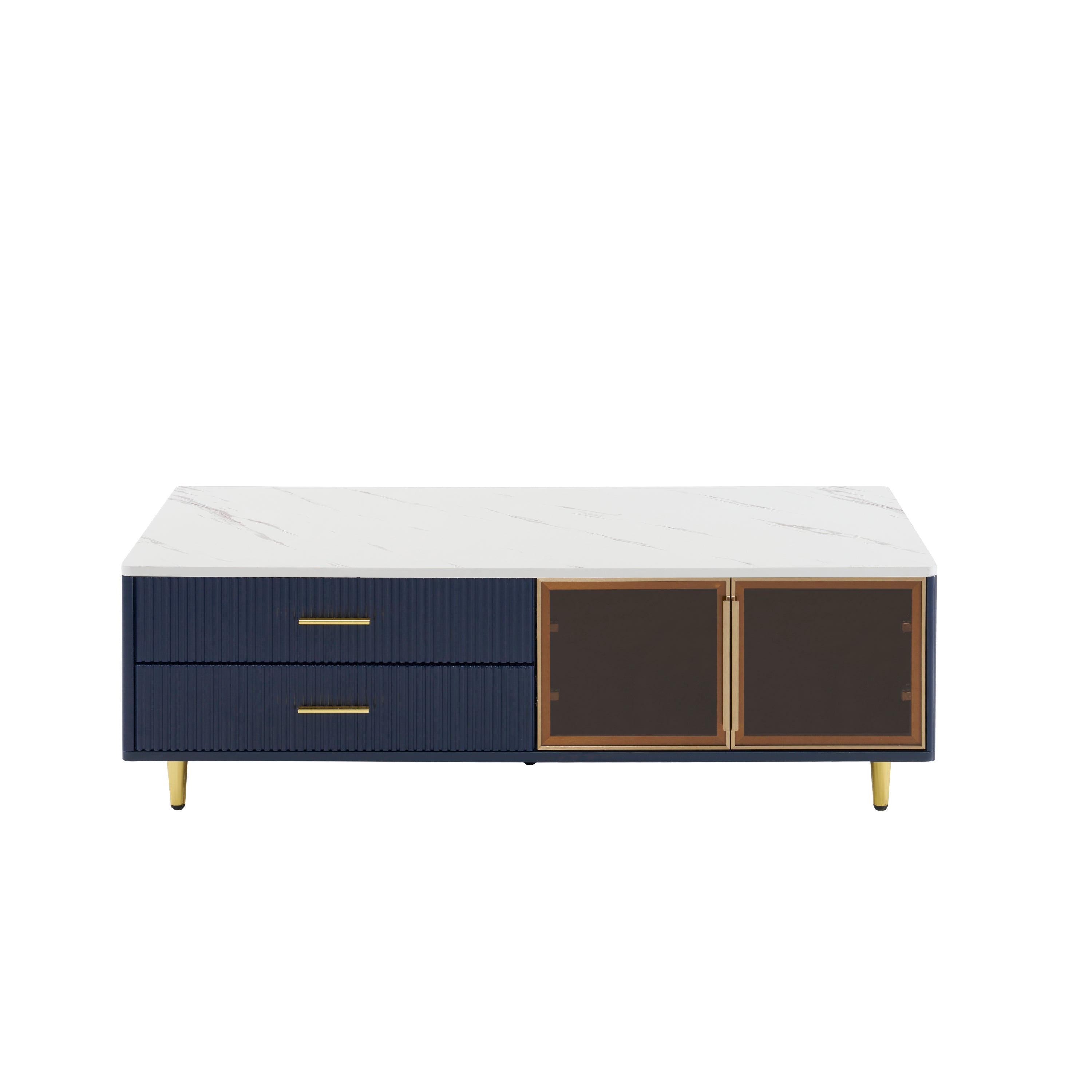 Modern Navy Blue Coffee Table with 2 Glass Door Storage, 4 Drawers, Gold Metal Legs, and Multi-Color Lighting in 47.2'' - Grand Goldman Shop