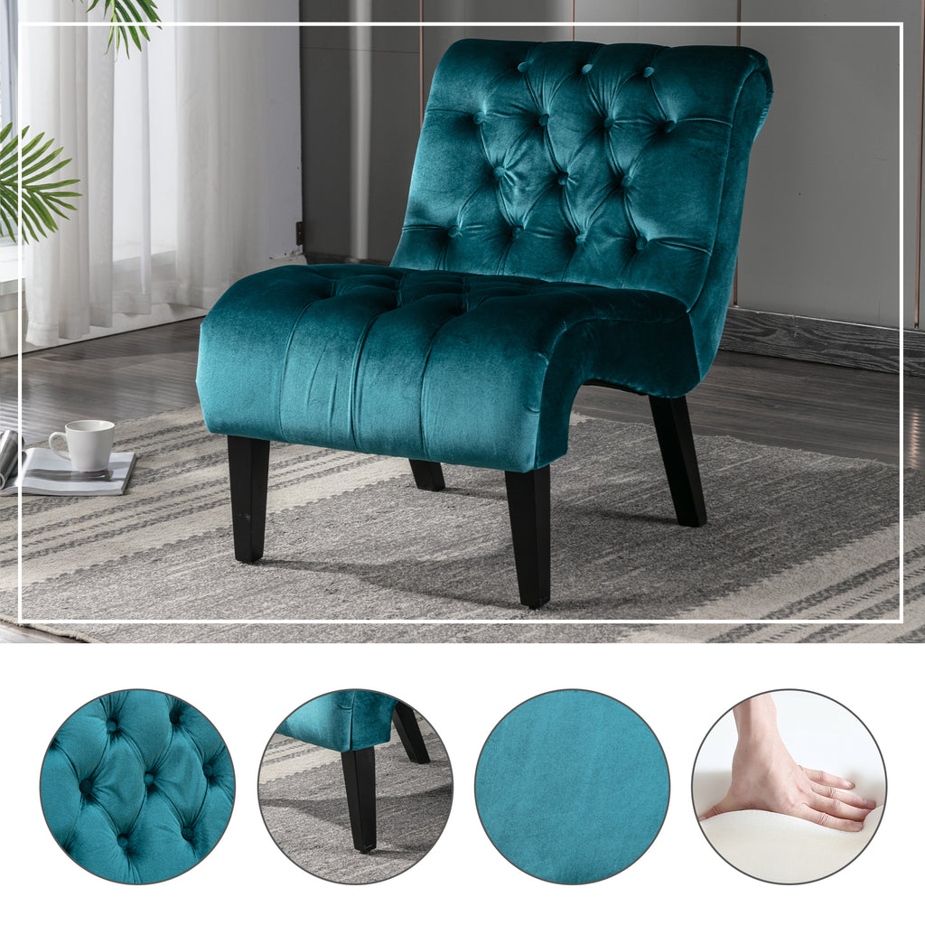 COOLMORE Modern Velvet Armless Accent Living Room Chair / Leisure Chair,Upholstered Fabric Button Comfortable Chair with Wooden Legs for Bedroom, Living Room, Office (Teal Velvet) - Grand Goldman Shop