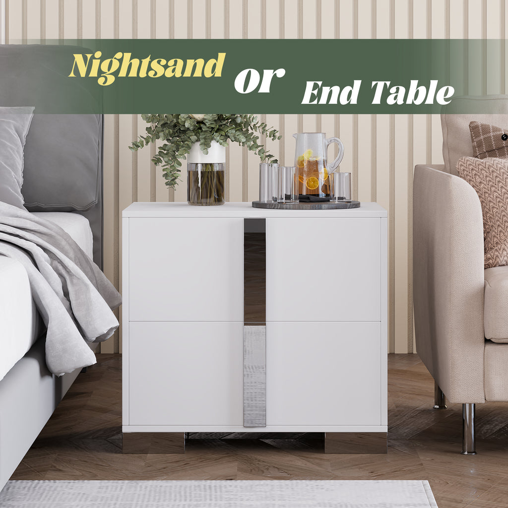 Modern End Table with Drawers, Elegant Nightstand with Metal Foot,Wood Bedside Table with Mirrored Metal Handles,Sofa Side End Table for Bedroom Living Room Office,White - Grand Goldman Shop