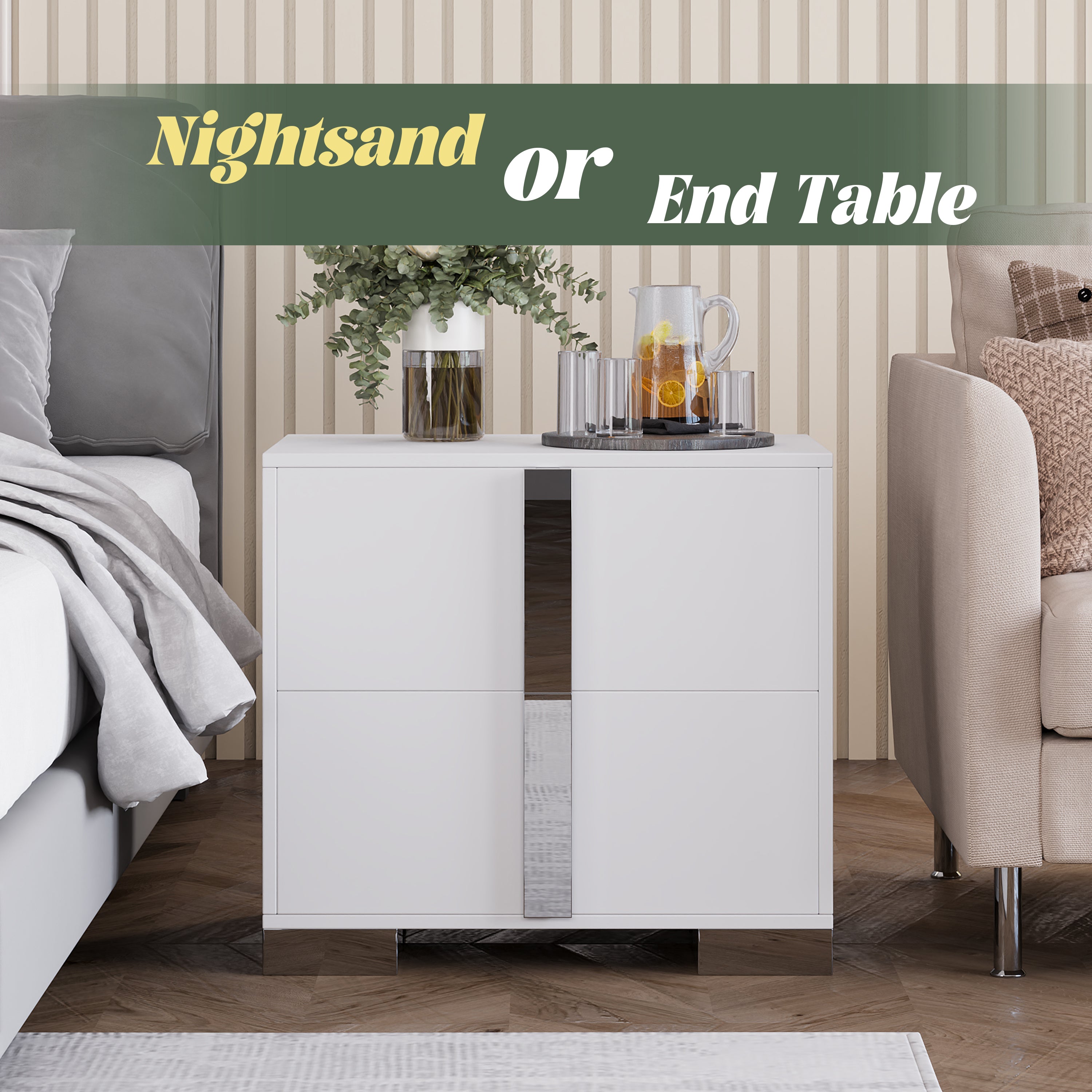 Modern End Table with Drawers, Elegant Nightstand with Metal Foot,Wood Bedside Table with Mirrored Metal Handles,Sofa Side End Table for Bedroom Living Room Office,White - Grand Goldman Shop