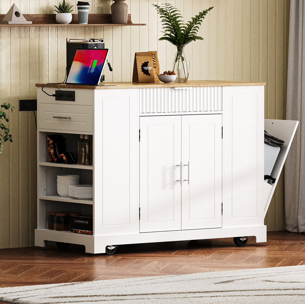 K&K Fluted Kitchen Island with Trash Can Storage Cabinet, Power Outlet, Internal Storage Rack, Rolling Kitchen Islands on 5 Wheels with 3 Drawer, 3 Open Side Racks for 10 Gallon Garbage Bin, White - Grand Goldman Shop