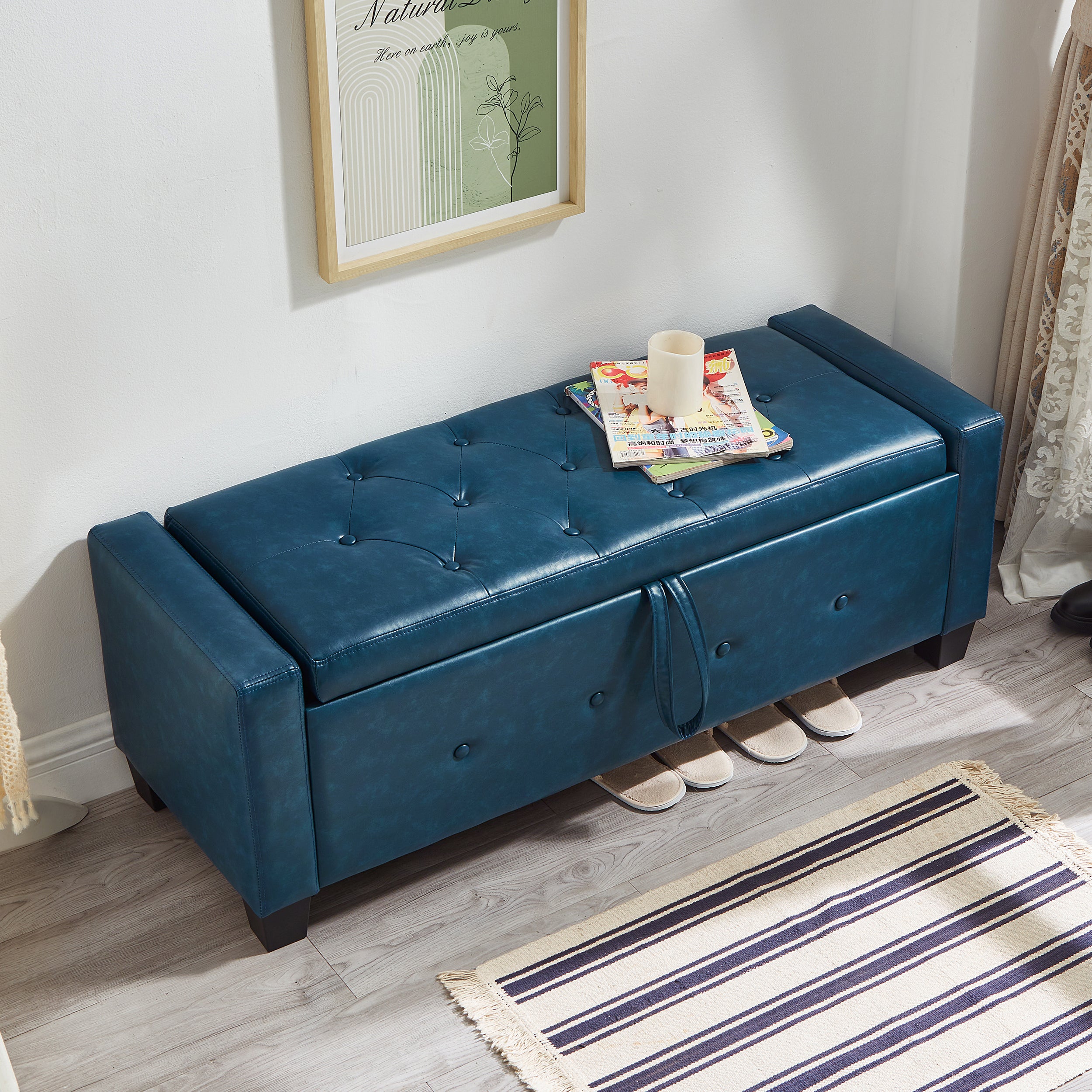 48' Ottoman Bench with Storage, Bench for Bedroom,Living Room,Hallway, Upholstered Tufted Faux Leather PU Ottoman Blue - Grand Goldman Shop