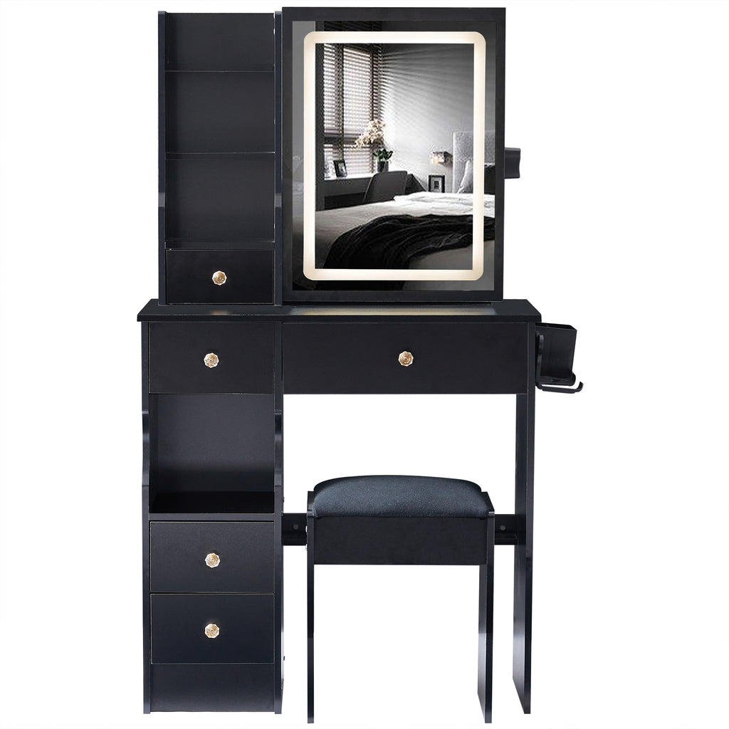 29.2' Small Size Left Drawer Desktop Vanity Table + Cushioned Stool, 2 AC+2 USB Power Station, Hair dryer bracket, Extra Large Touch Control Sliding LED Mirror, Tri-color Switching, Brightness Adjust - Grand Goldman Shop