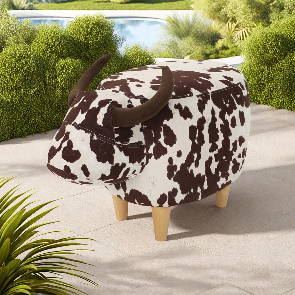 Cow-Shaped Modern Ottoman Footstool in Brown and White Fabric with Velvet Horns, Birch Legs, 25.25 x 14.00 x 16.75 inches - Grand Goldman Shop