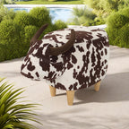 Cow-Shaped Modern Ottoman Footstool in Brown and White Fabric with Velvet Horns, Birch Legs, 25.25 x 14.00 x 16.75 inches - Grand Goldman Shop