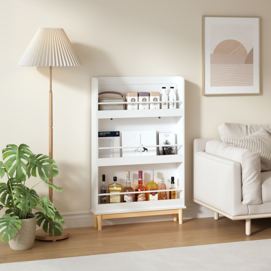 Modern White Wall-Mounted Kids Bookshelf with Natural Wood Base, 3 Front-Facing Display Shelves for Toddler Bedroom, Nursery 