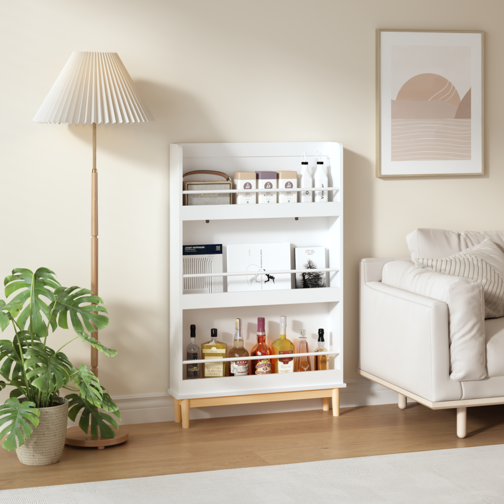 Modern White Wall-Mounted Kids Bookshelf with Natural Wood Base, 3 Front-Facing Display Shelves for Toddler Bedroom, Nursery 