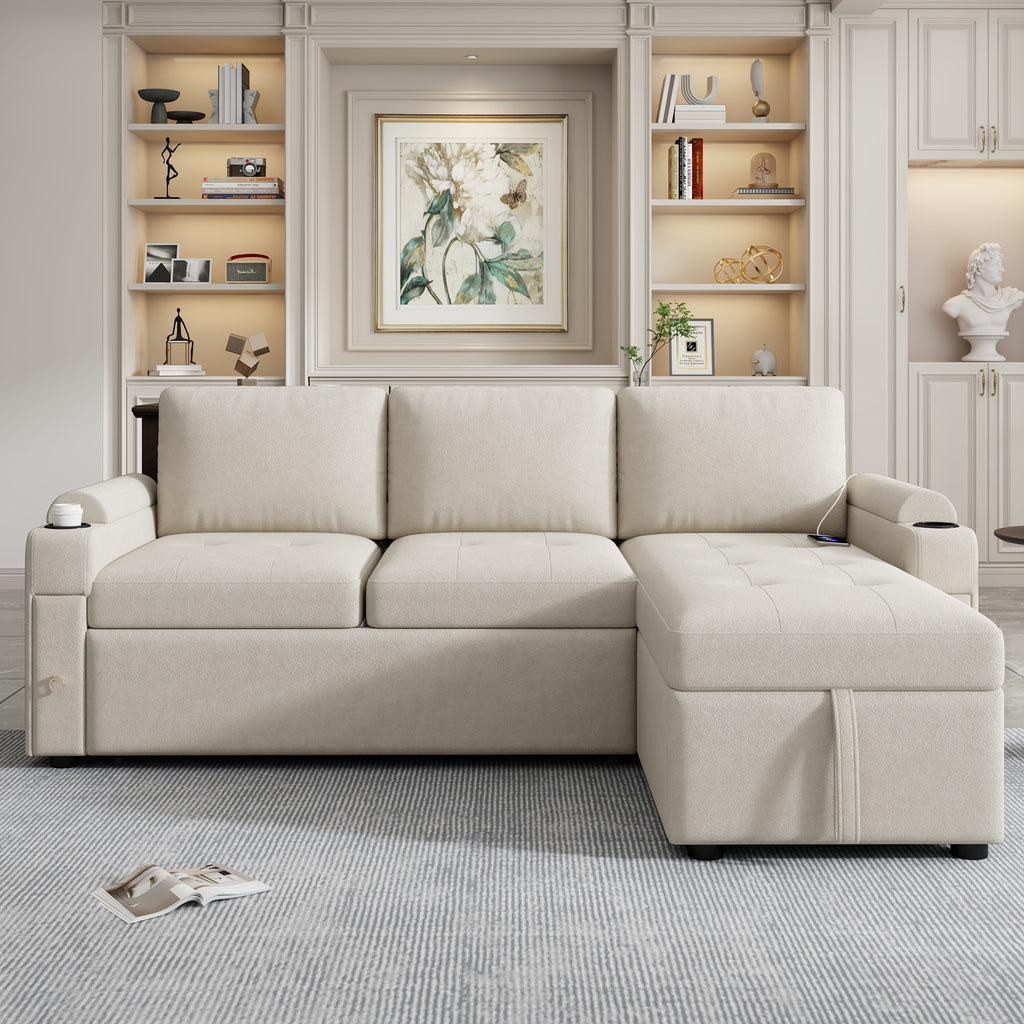 Convertible L-shaped Beige Sofa Couch with Storage, Cup Holders, USB Ports, Chenille Fabric - Grand Goldman Shop