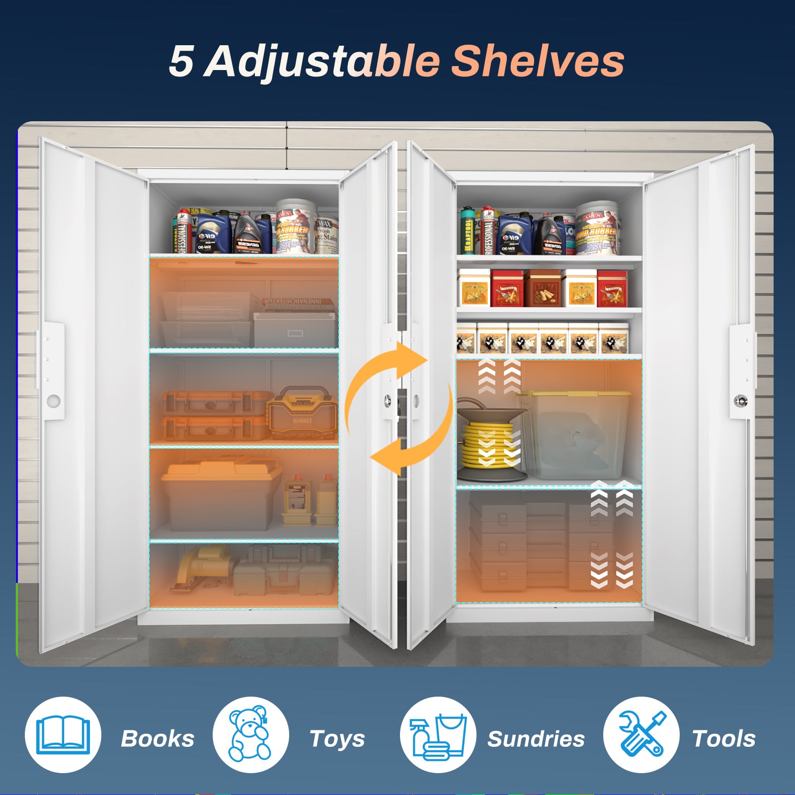 72-Inch 2-Door File Cabinet with Lock, 4 Adjustable Shelves, Heavy-Duty Steel Construction, White, Metal, for Commercial Offi