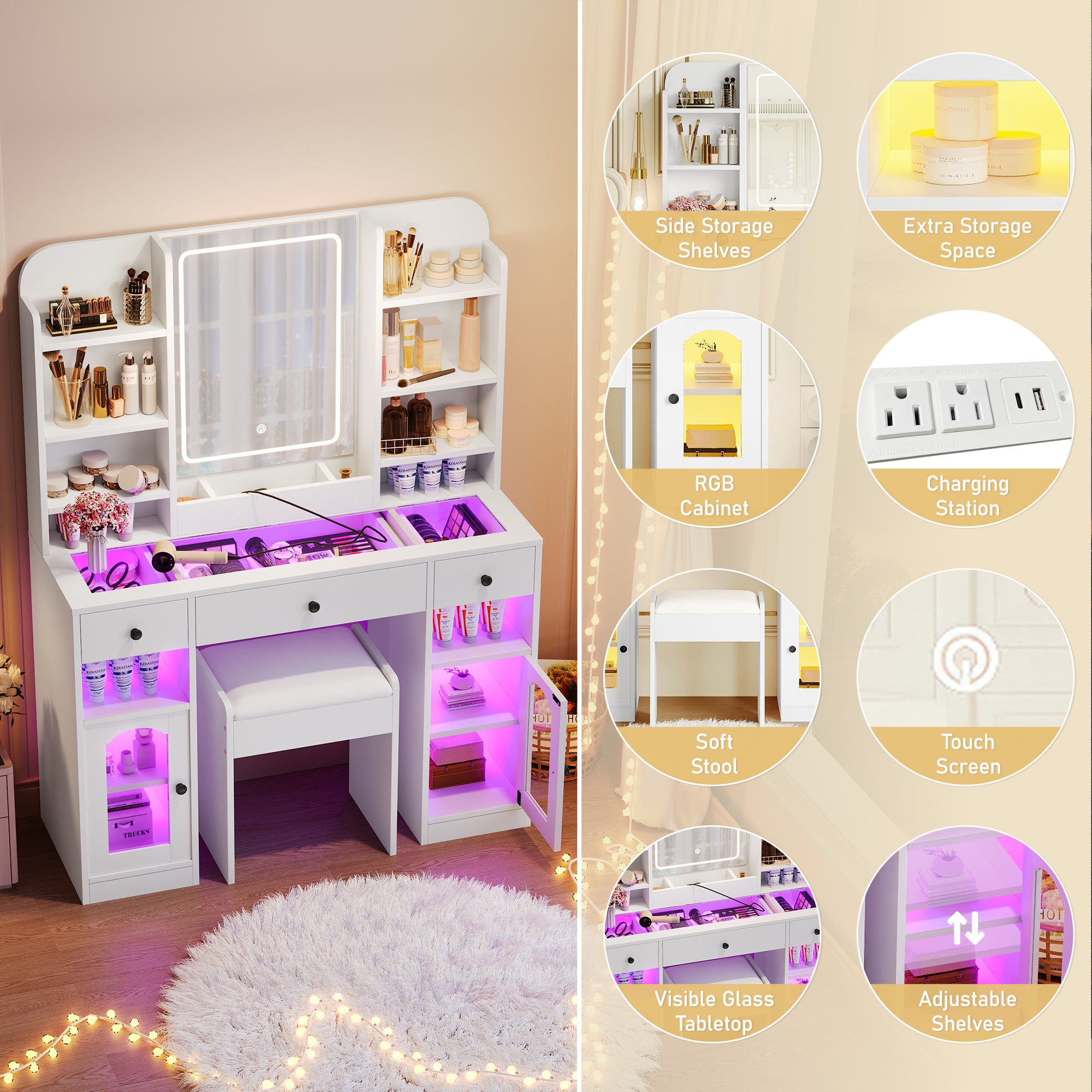 43.2' Vanity Desk with LED Mirror and Lights, Glass Top Vanity with RGB Glass Light Cabinets, Dressing Table with 3 Drawers ,Storage Shelves and Stool for Bedroom, White - Grand Goldman Shop