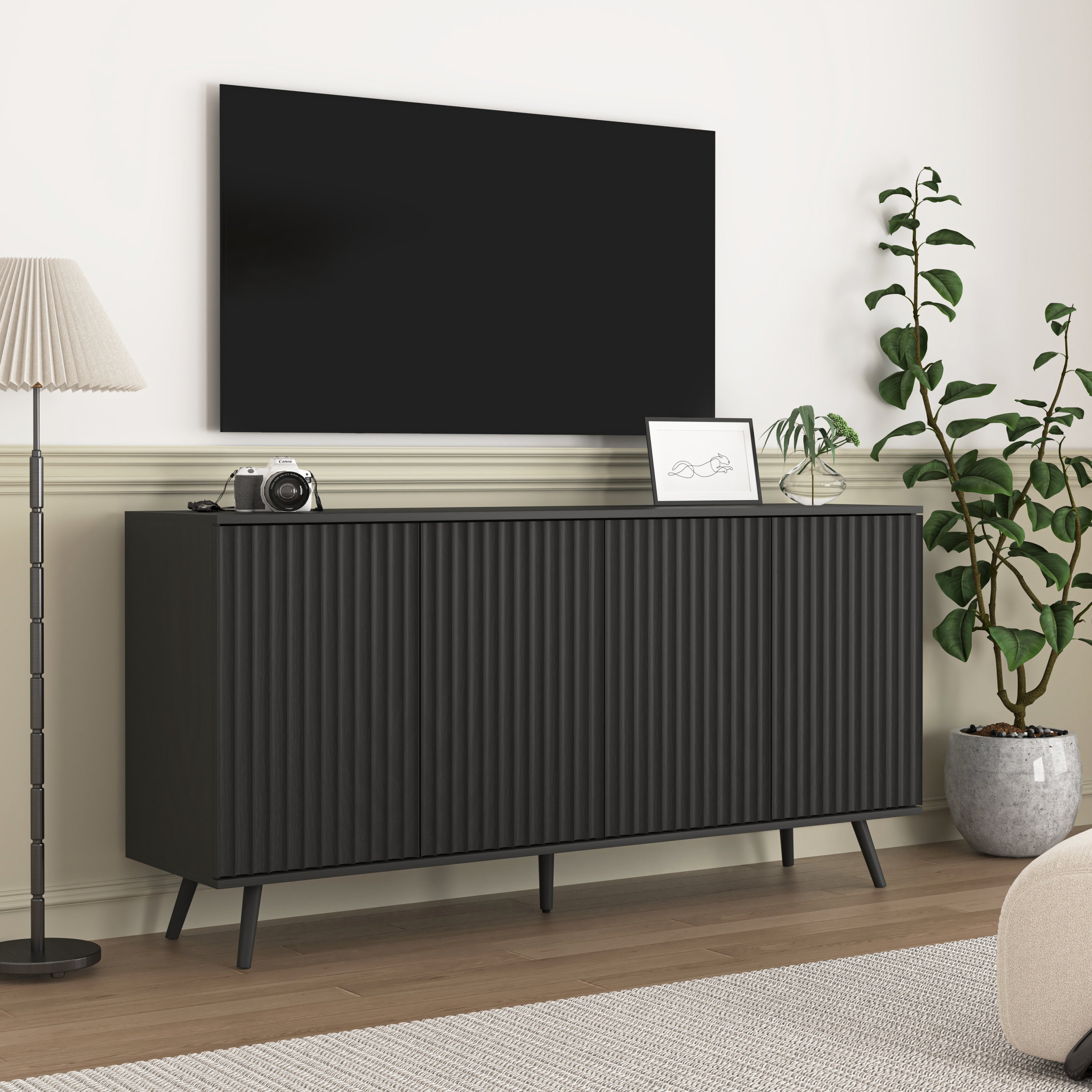 Sideboard Buffet Cabinet with Storage, Long Sideboard Storage Cabinet with 4 Doors, Wood Credenza Console Coffee Bar Cabinets with Adjustable Shelves for Living Room Kitchen Dining Room Black - Grand Goldman Shop