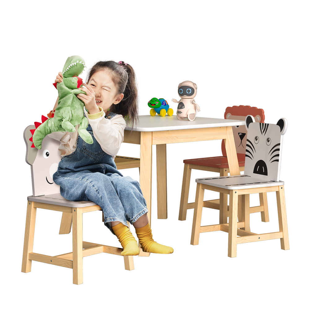 Kids Wood Table and Chair Set with Cartoon Animals Design, White Solid Wood & MDF Furniture for Ages 3-8, 5-Piece Table and C