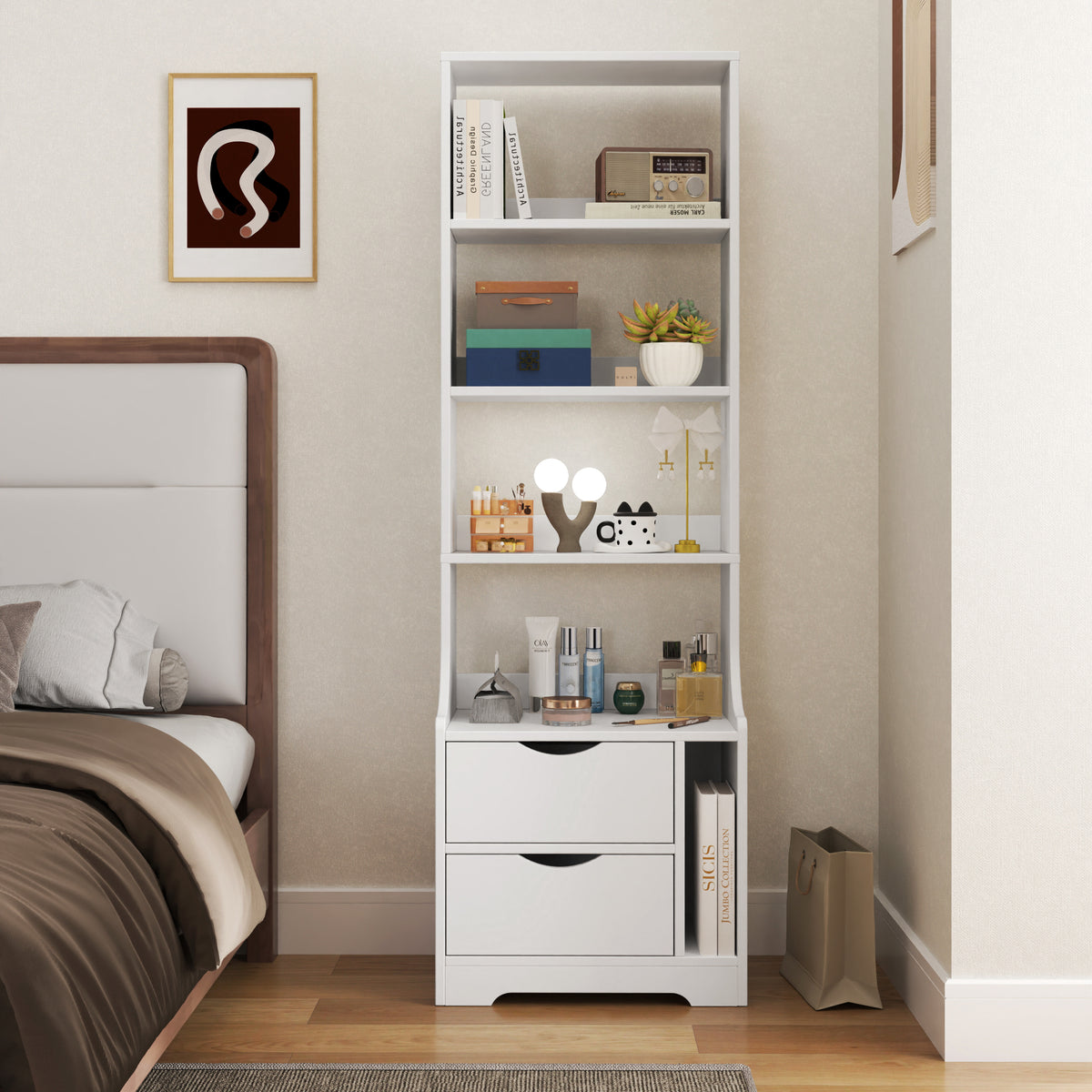 Night Stand with Bookshelf, Night Stand with 2 Storage Drawers for Bedroom - Grand Goldman Shop