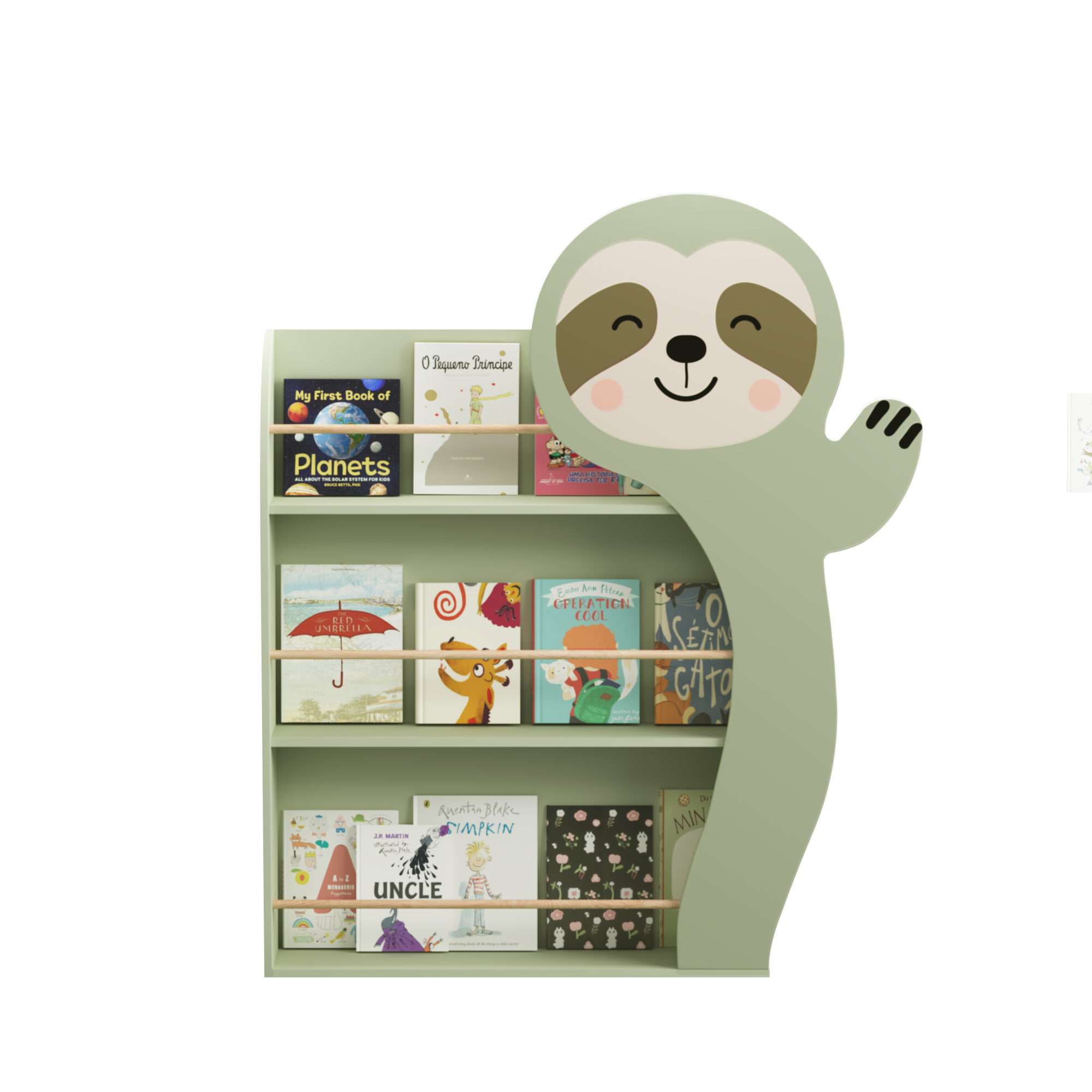 Sloth Kids Bookshelf, Front-Facing Toddler Book Display Rack with 3 Tiers, Cute Animal Design, Wooden Nursery Bookshelf for P