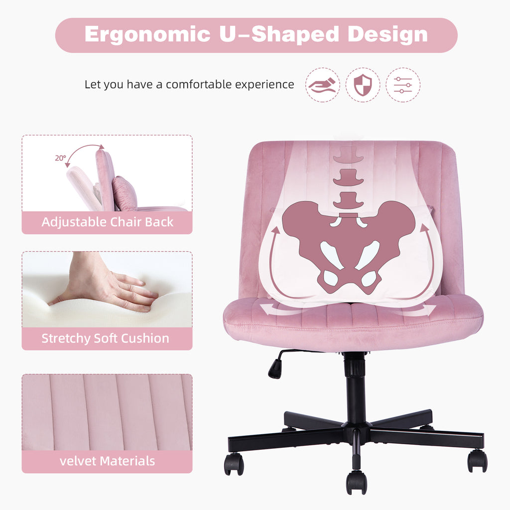 Light Pink Velvet Criss Cross Armless Office Chair with Wheels - Comfortable & Stylish for Home Office, Meditation, and Makeu