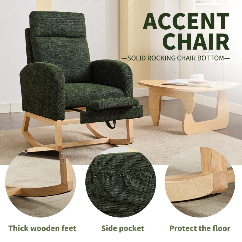 Modern Accent Rocking Chair Rocking Chair with Solid Wood Legs, Upholstered Nursery Glider Rocker, Comfy Armchair with Side Pocket, Living Room Lounge Arm Chair with High Backrest fabric - Grand Goldman Shop