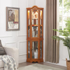 Curio Cabinet Lighted Glass Display Curio Cabinet w/Tempered Glass Doors and Shelves, Crown Corner Cabinet with Bulb, Corner Storage Decoration for Living room and Bedroom OAK - Grand Goldman Shop